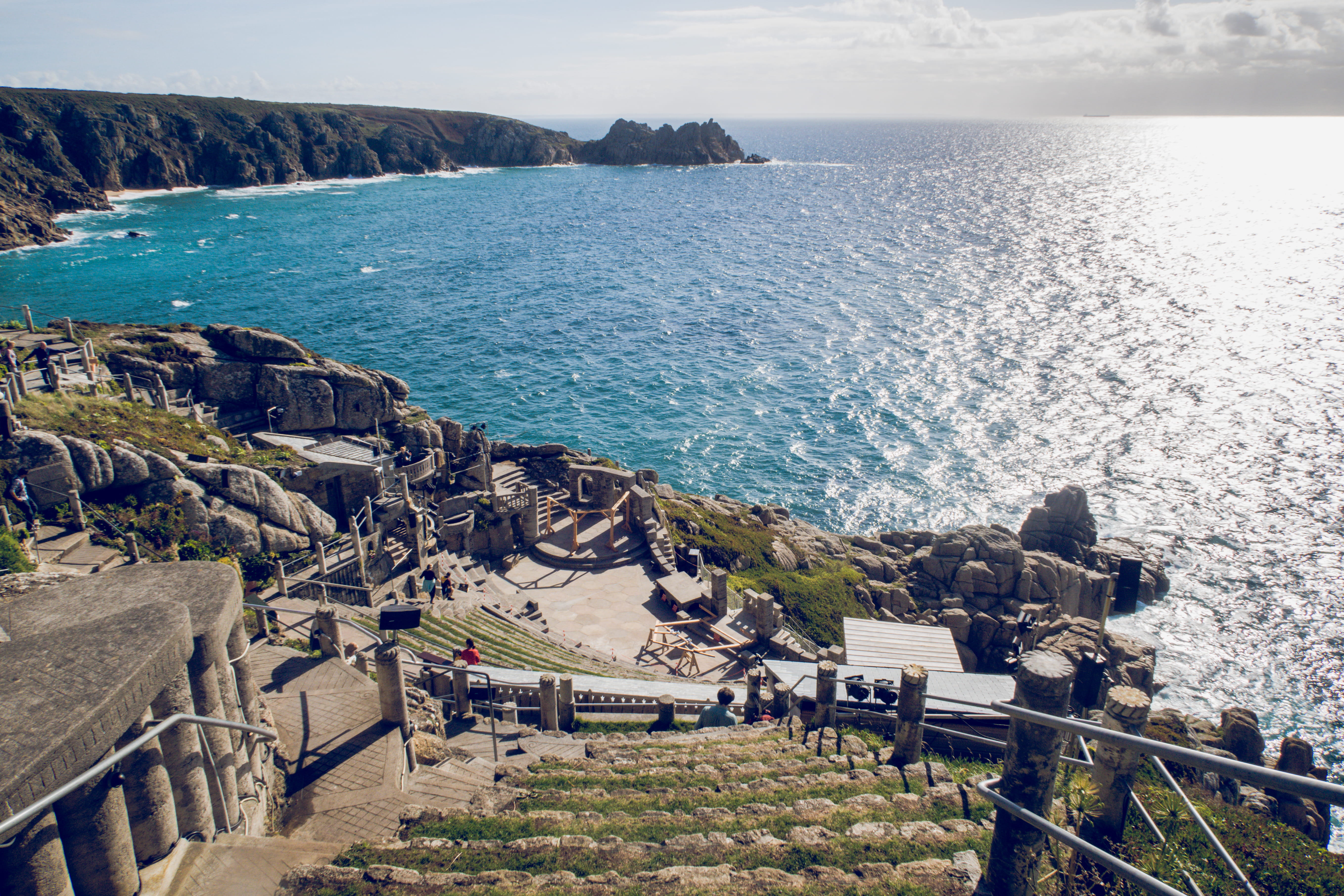 porthcurno, railing, the minack theatre, land, horizon over water, theatre, beach, 5K, beauty in nature, sea, landscape, play, rock - object, sky, outdoors, HD Wallpaper