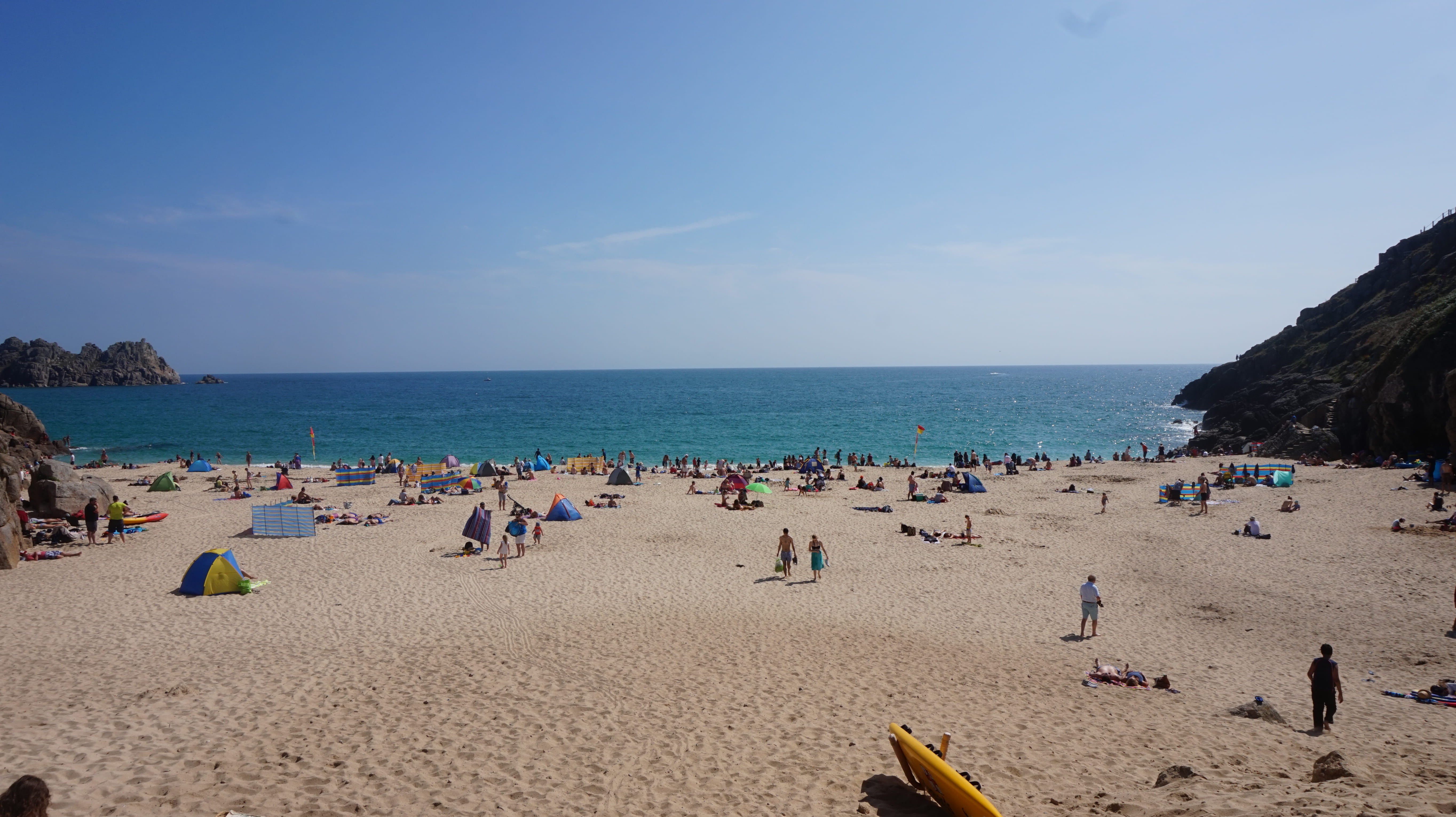 sky, real people, group of people, summer, vacations, leisure activity, porthcurno, beach, 5K, beauty in nature, outdoors, water, nature, horizon, trip, HD Wallpaper