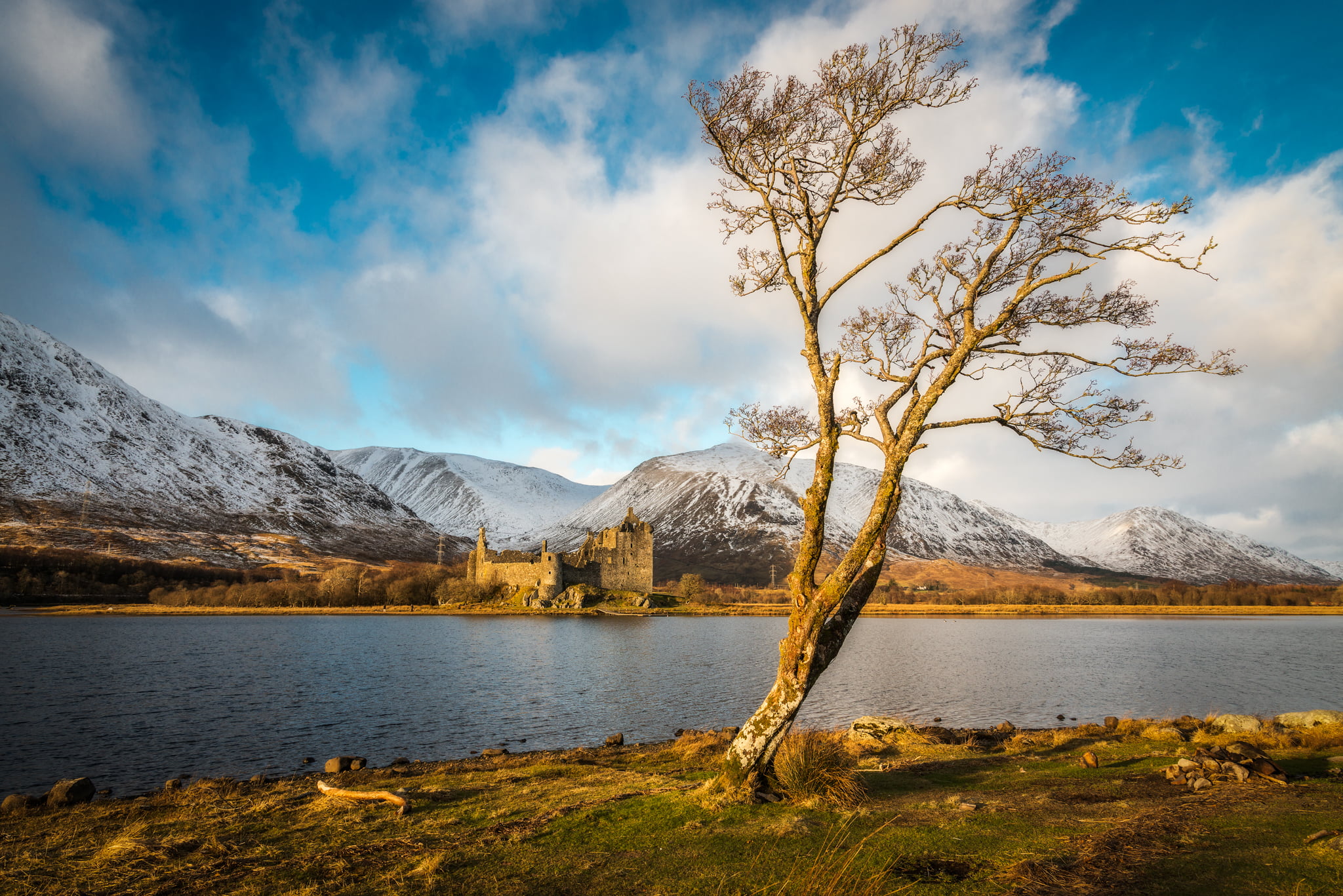 sky, lake, scotland, blue, hills, cold, clouds, scenics, mountains, VR, 6G, pond, winter, Castle, snow, sky  blue, landscape, travel, summer, bare, Britain, HD Wallpaper