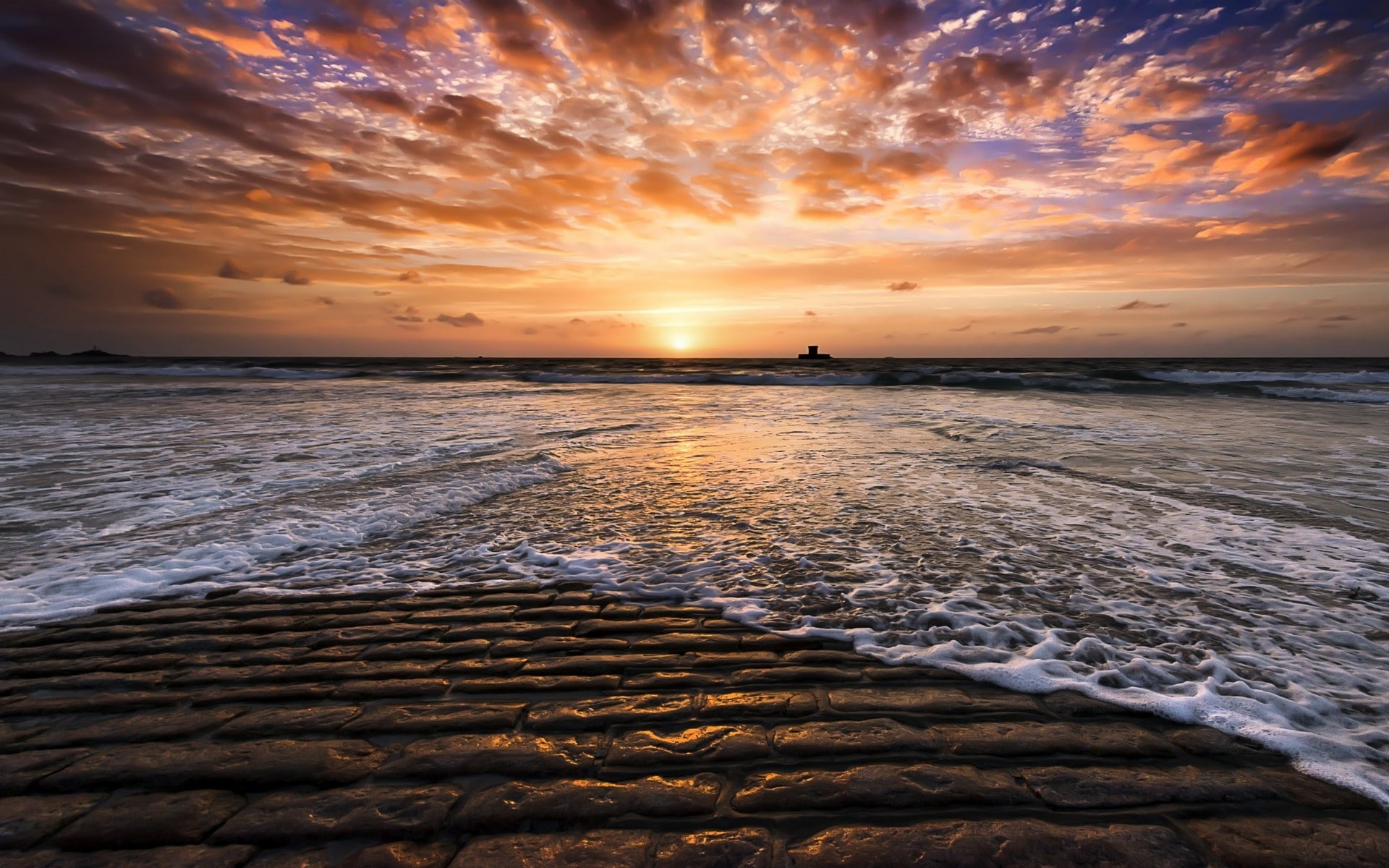 1080P, landscape, pavers, high tide, sunset, nature, clouds, sea, HD Wallpaper