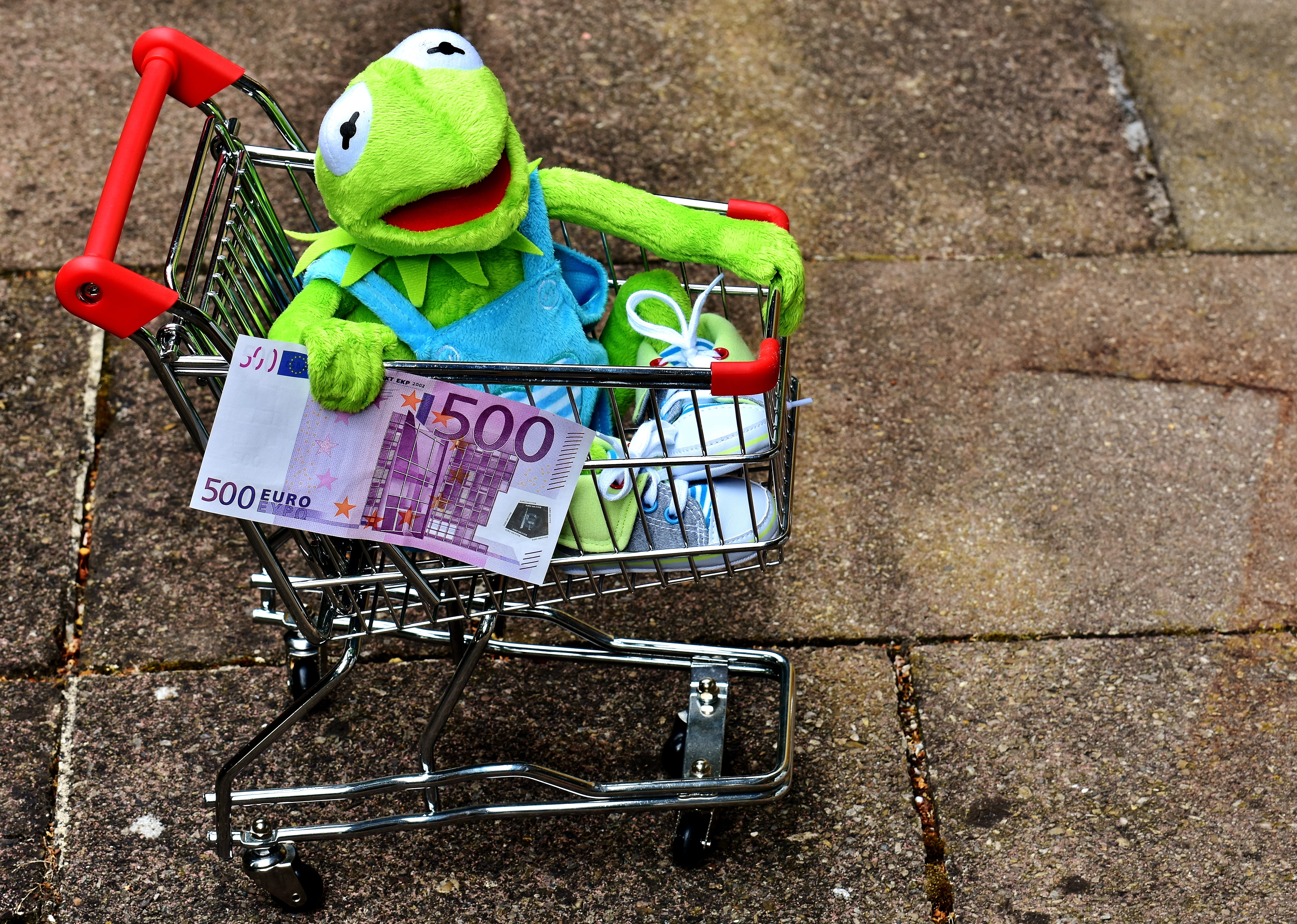 cheap, high angle view, trolley, Shopping Cart, sidewalk, money, Frog, consumerism, stuffed toy, fun, outdoors, stuffed animal, banknote, toys, communication, HD Wallpaper