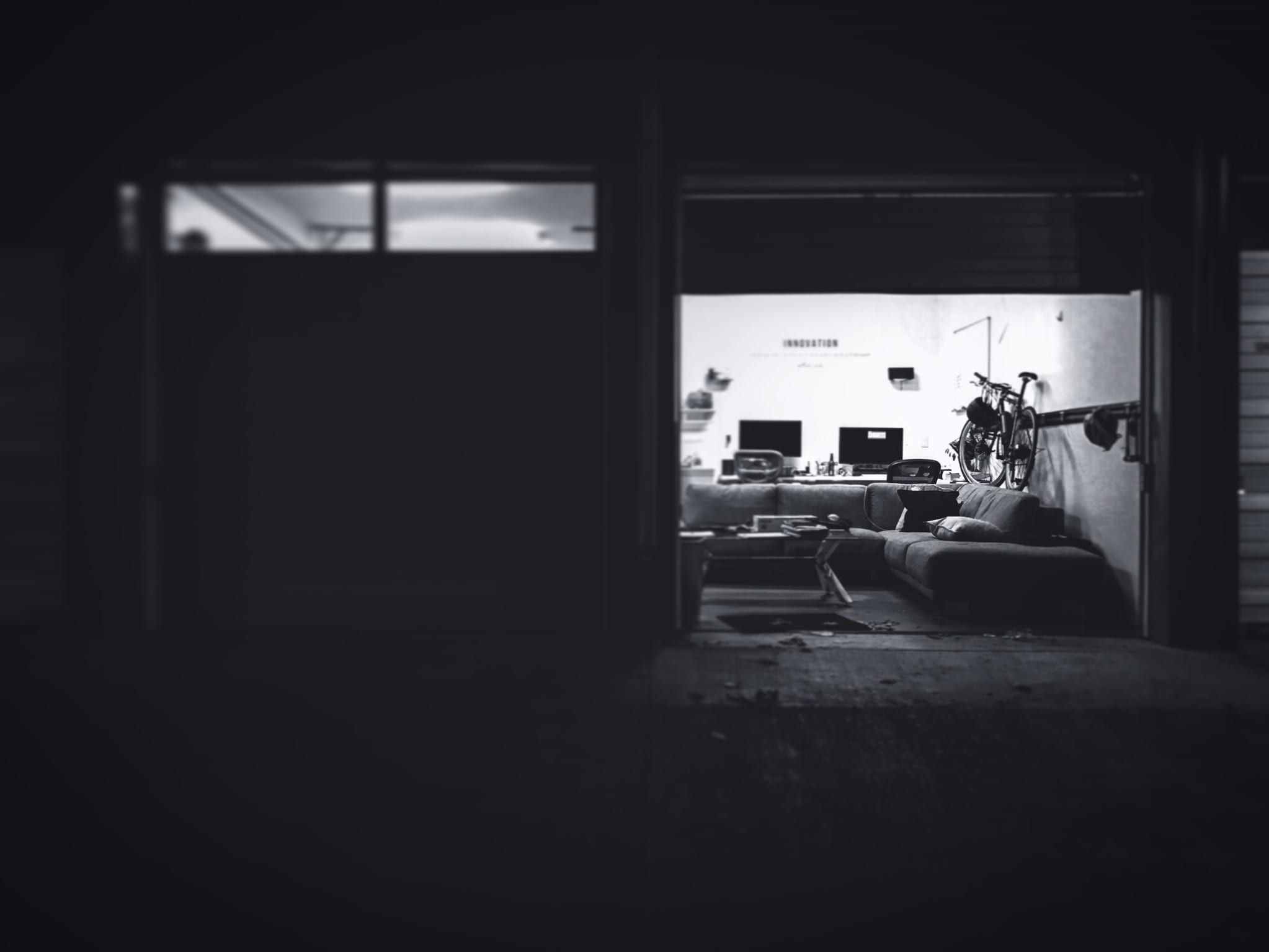 entrance, sofa, place, grayscale, home interior, day, relaxation, furniture, built structure, work, domestic room, inside, indoors, one person, dark, black, HD Wallpaper