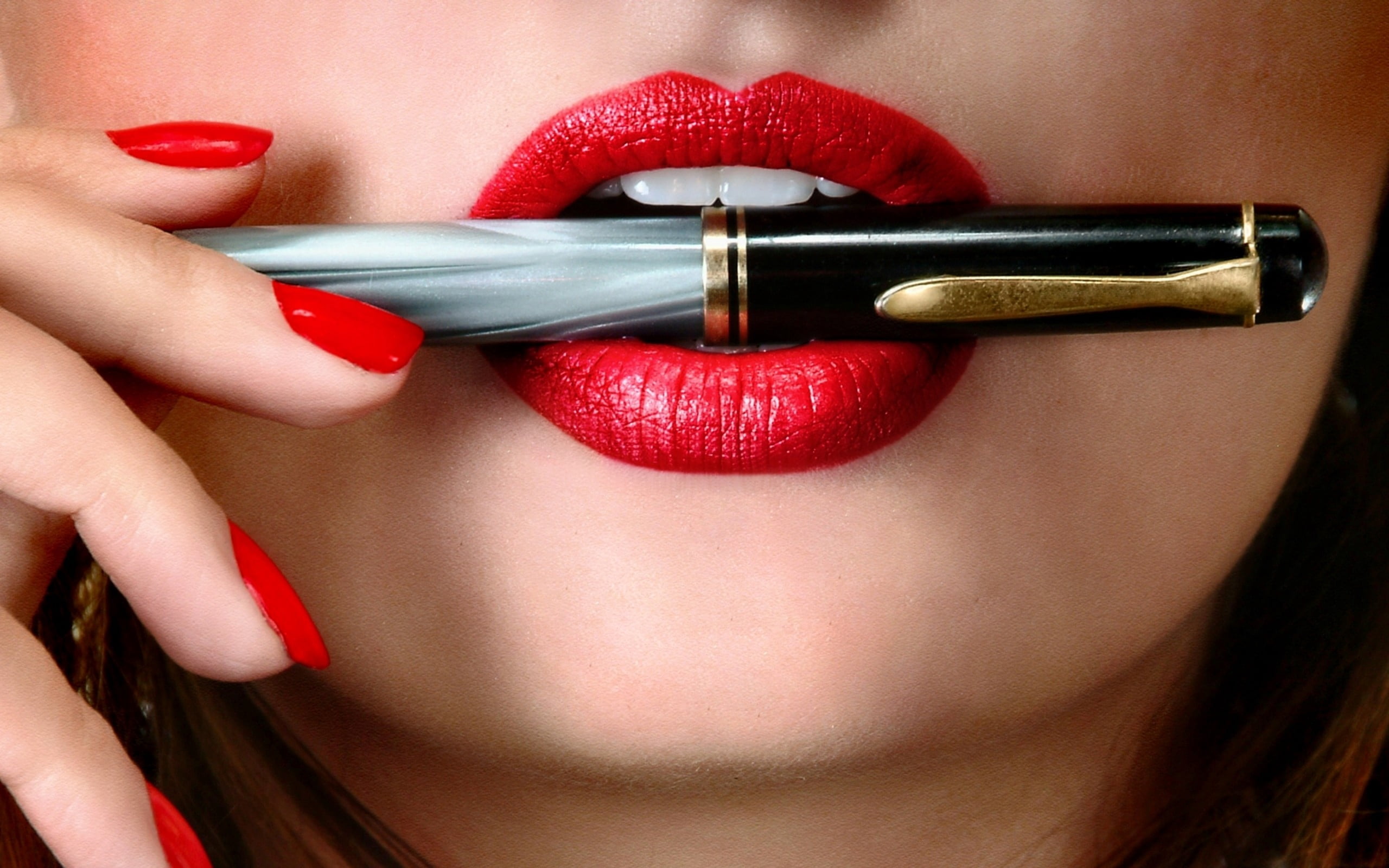 fashion, lips, shiny, holding, femininity, sensuality, red, women, lifestyles, girl, females, beautiful woman, make-up, mouth open, human Lips, hand, one Person, HD Wallpaper