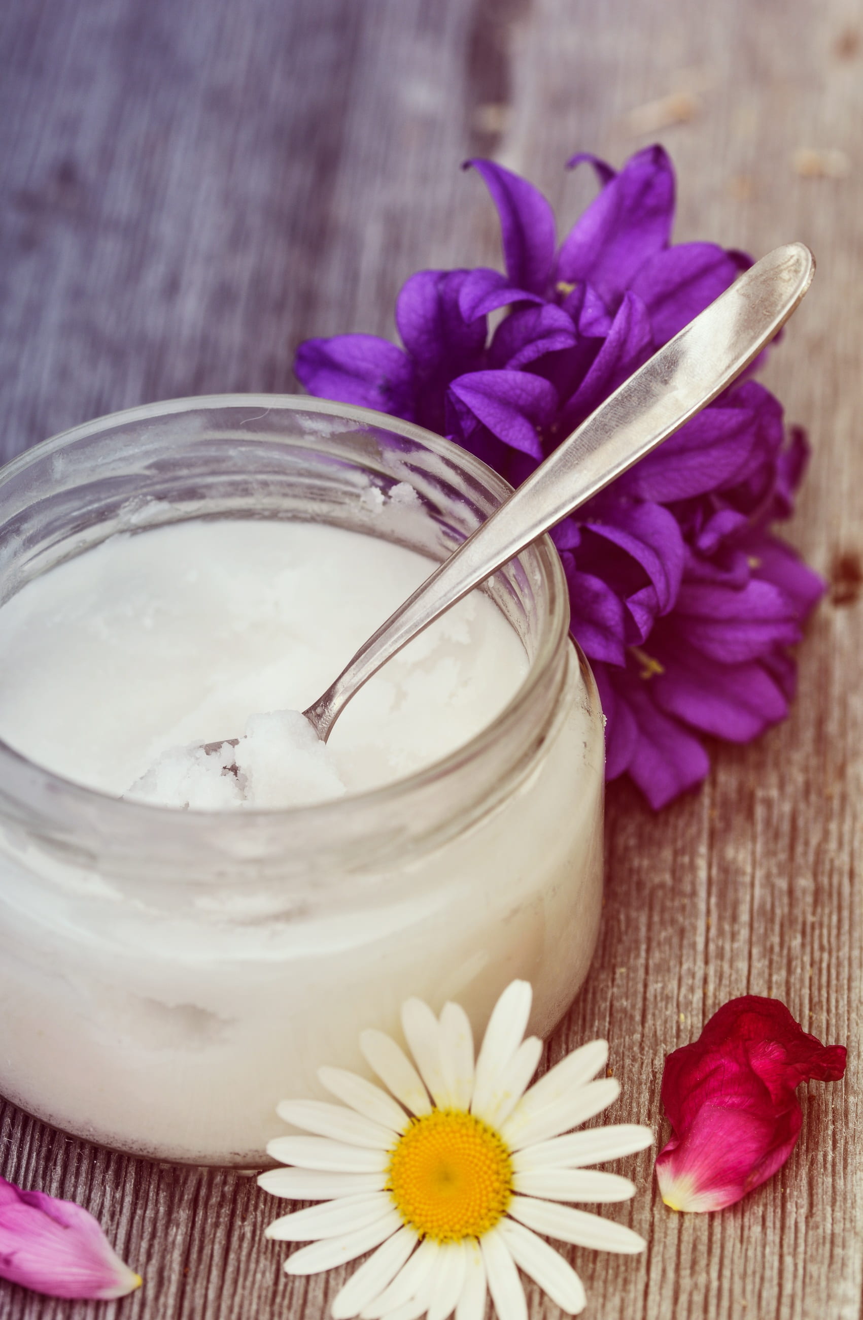 clear, wood - material, nature, healthy fat, ingredient, steel, jar, purple, beauty in nature, spoon, no people, table, coconut oil, nutrition, healthy, Phone HD Wallpaper