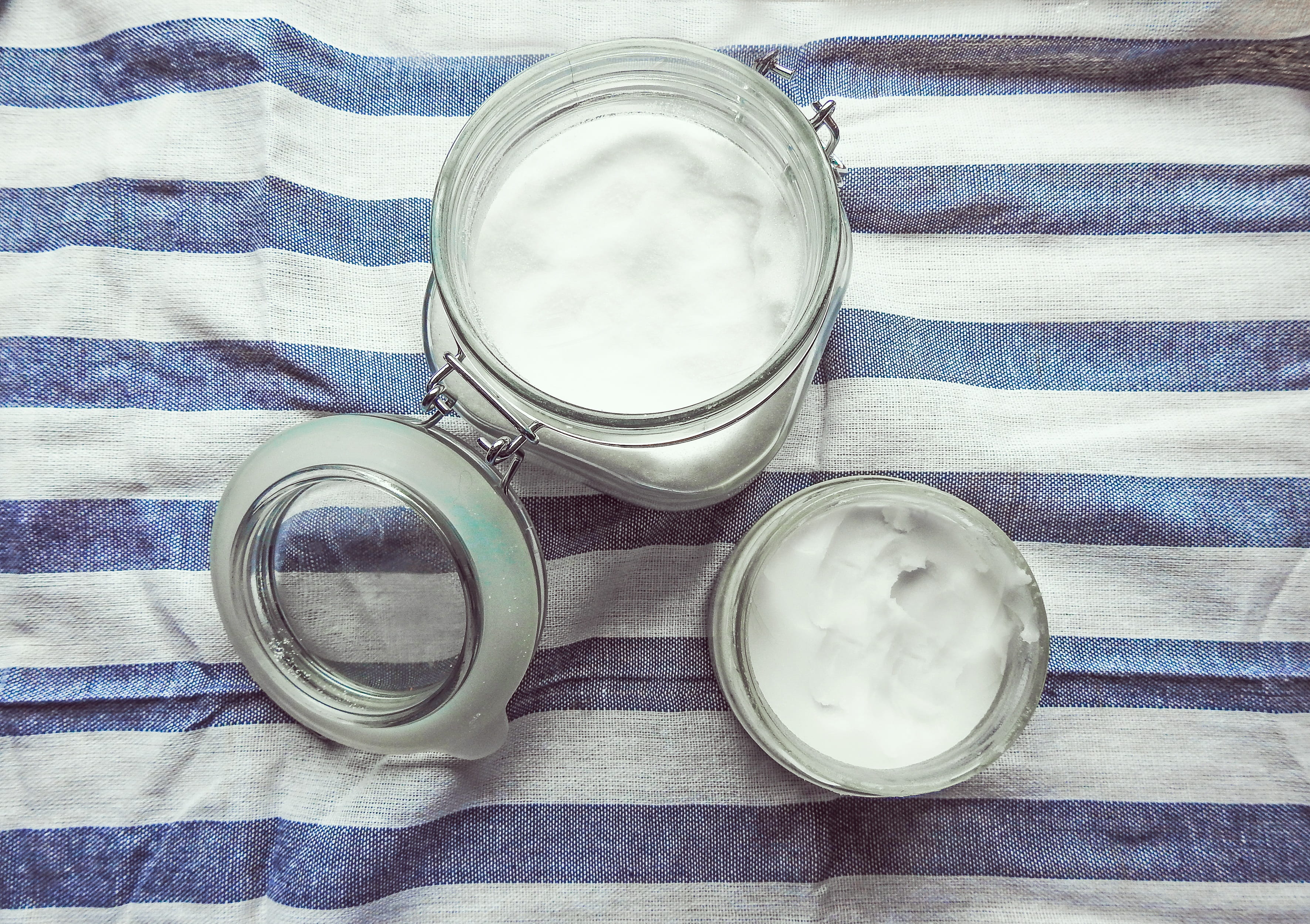freshness, medicine, 2K, lid, wellbeing, household equipment, indoors, ingredient, healthy, milk, coconut oil, table, from above, jar, still life, glass, HD Wallpaper