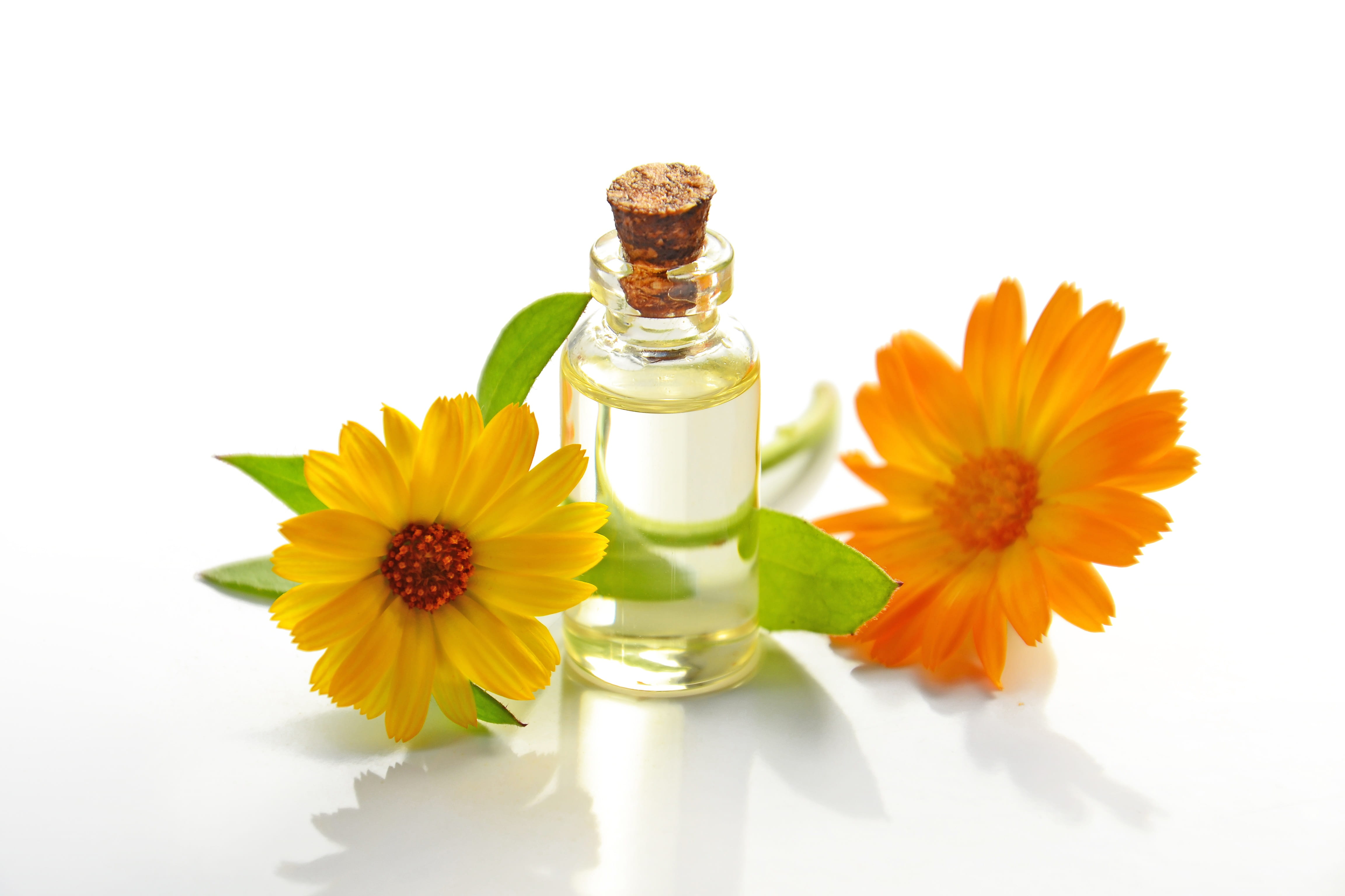 flowers, aromatherapy, cosmetology, bottle, calendula, jar, flower head, inflorescence, treatment, no people, science, 4K, glass, plant, yellow, flowering plant, HD Wallpaper