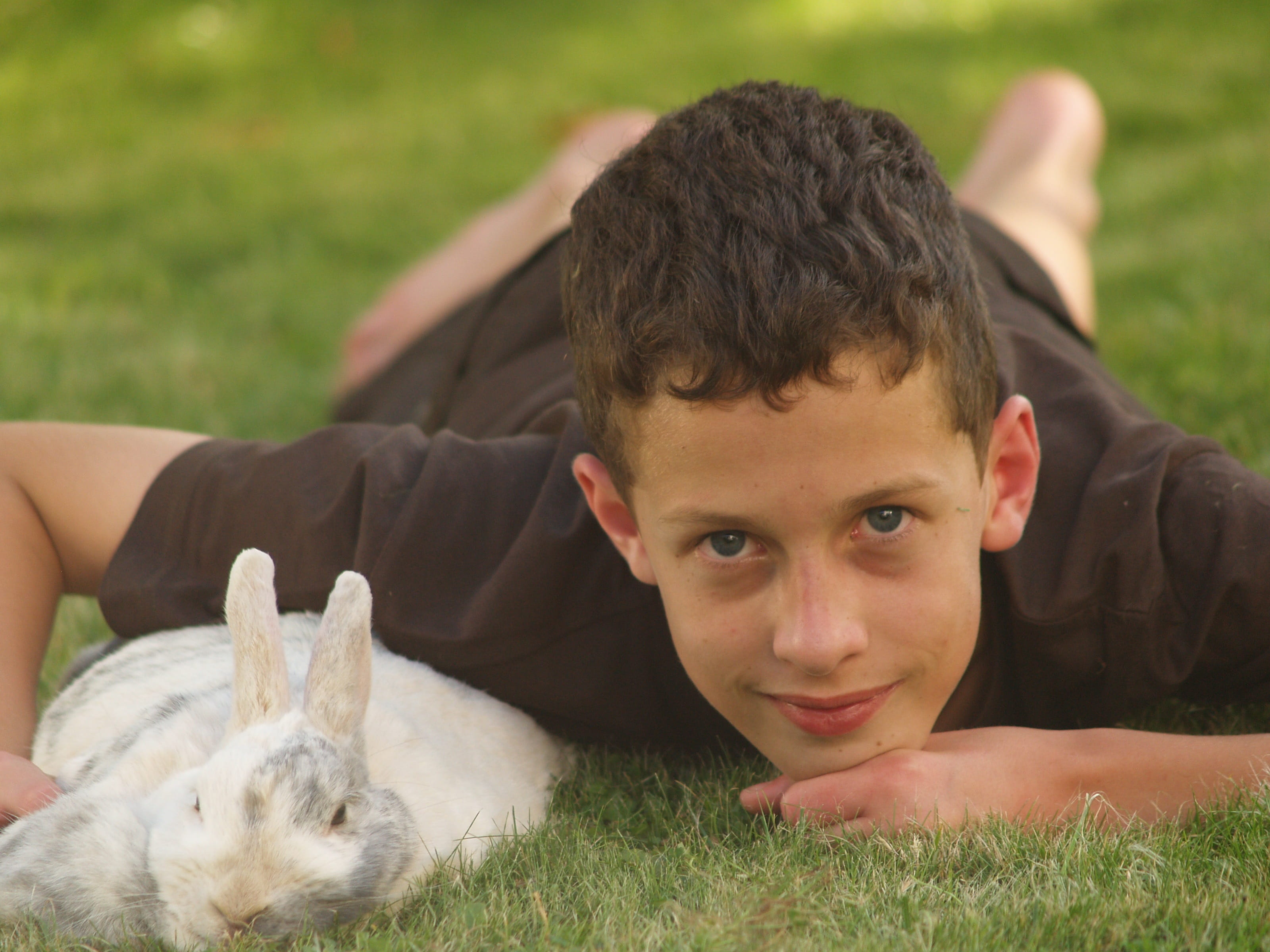 lying down, childhood, rabbit hutch, mammal, pet owner, looking at camera, one person, head, plant, Dwarf Rabbit, allergy, animal world, real people, domestic animals, HD Wallpaper