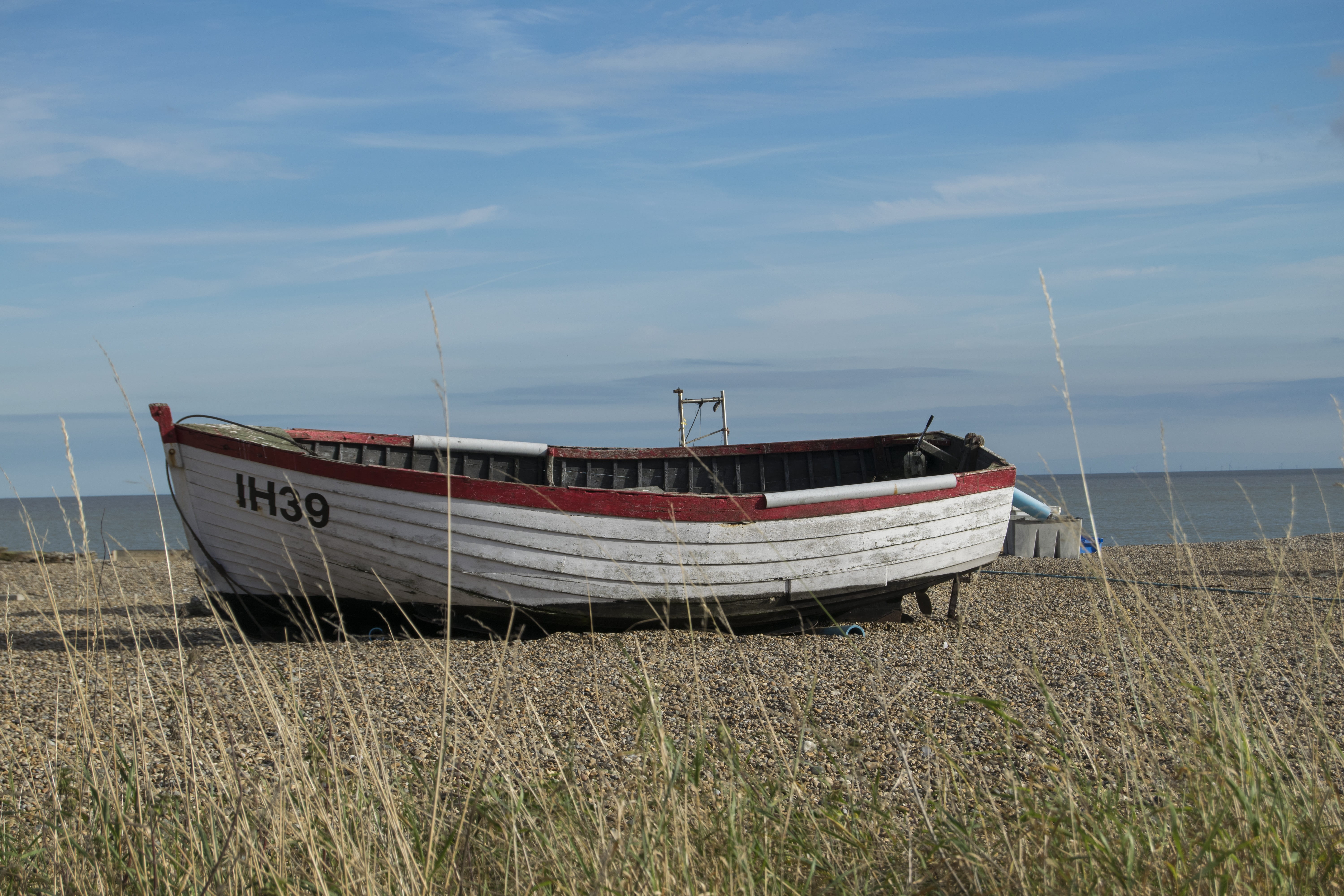 water, boat, no people, moored, beached, anglia, fishing, beach, day, grass, fishing boat, text, 5K, england, tranquility, landscape, sea, cloud - sky, HD Wallpaper