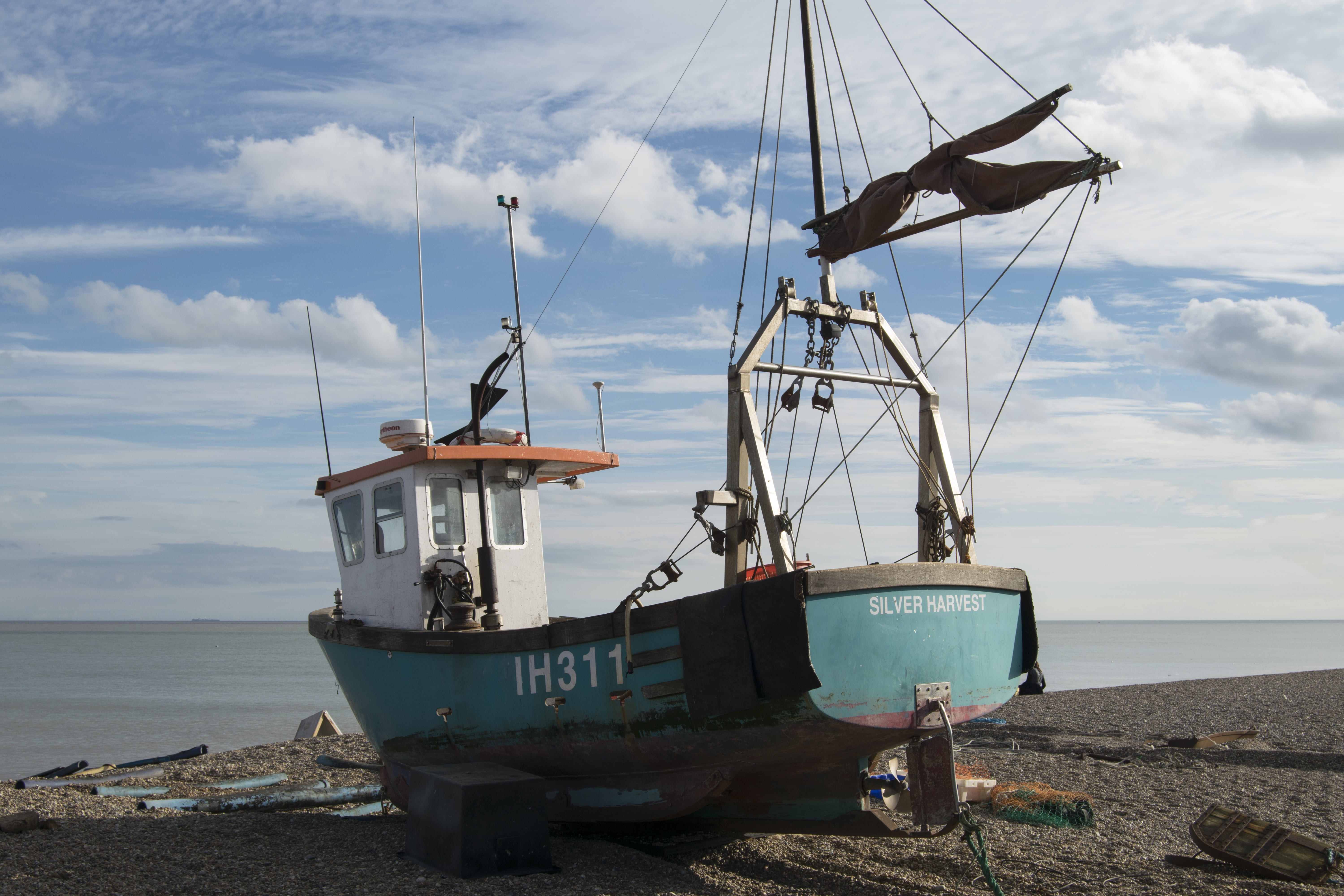boat, outdoors, sailboat, trawler, horizon over water, suffolk, nature, beach, ship, 5K, no people, sky, fishing industry, land, fishing, transportation, HD Wallpaper
