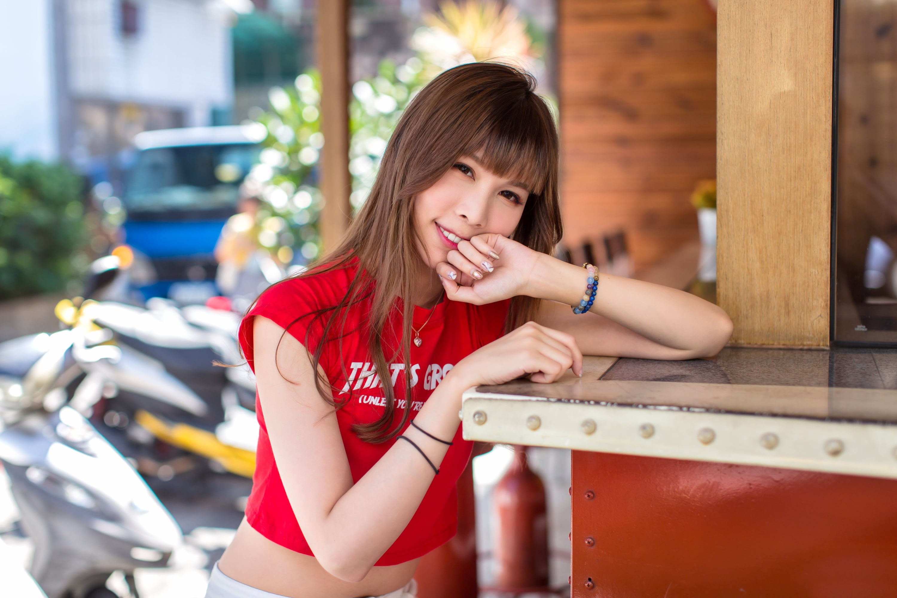 Asian, white skirt, women, long hair, leaning, brunette, looking at viewer, red tops, 2K, bracelets, painted fingernails, model, depth of field, motorcycle, HD Wallpaper