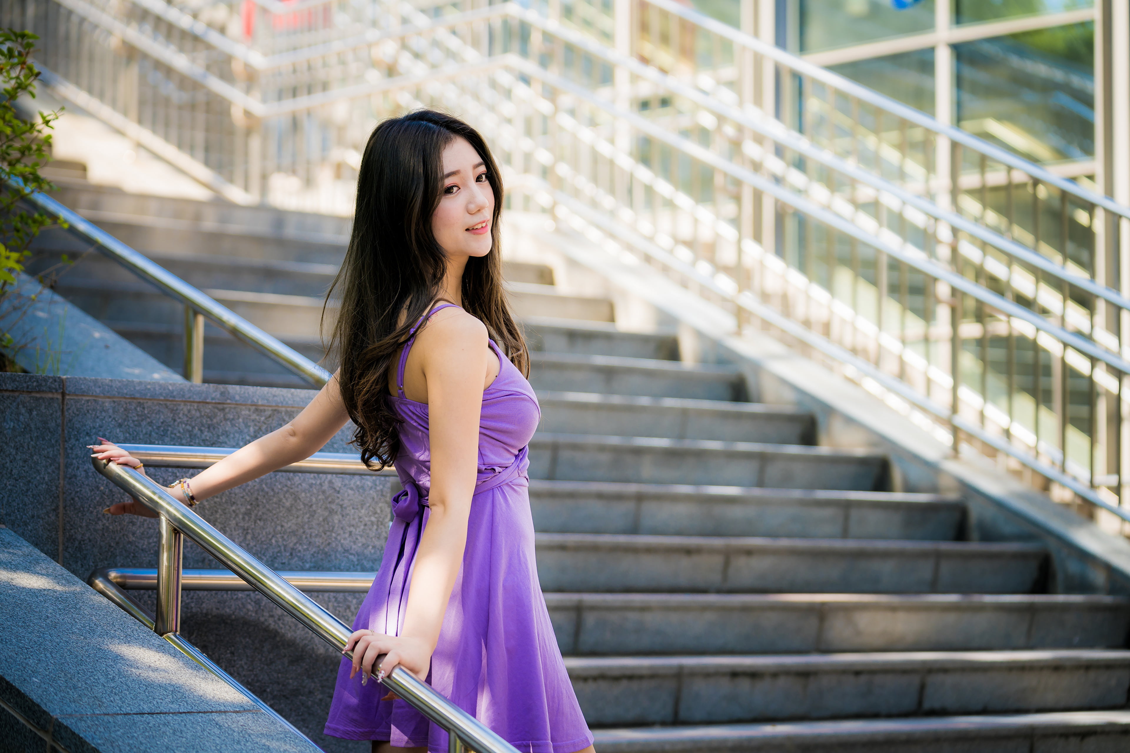 painted fingernails, Asian, violet dress, stairs, long hair, depth of field, brunette, bracelets, looking away, model, women, railings, 4K, HD Wallpaper
