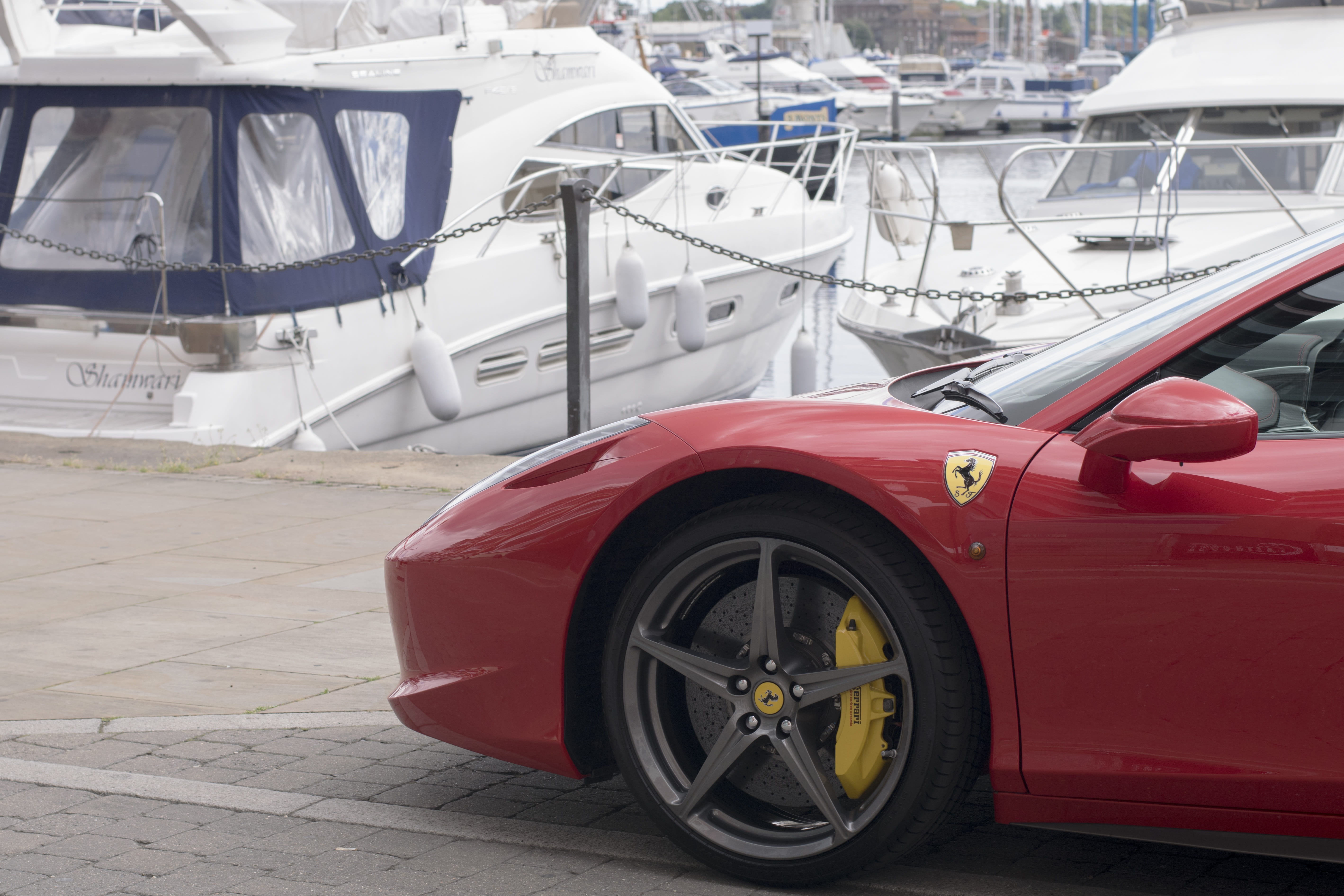 luxury, water, parking, docks, travel, ferrari, transportation, mode of transportation, 5K, red, no people, city, street, outdoors, car, stationary, suffolk, HD Wallpaper