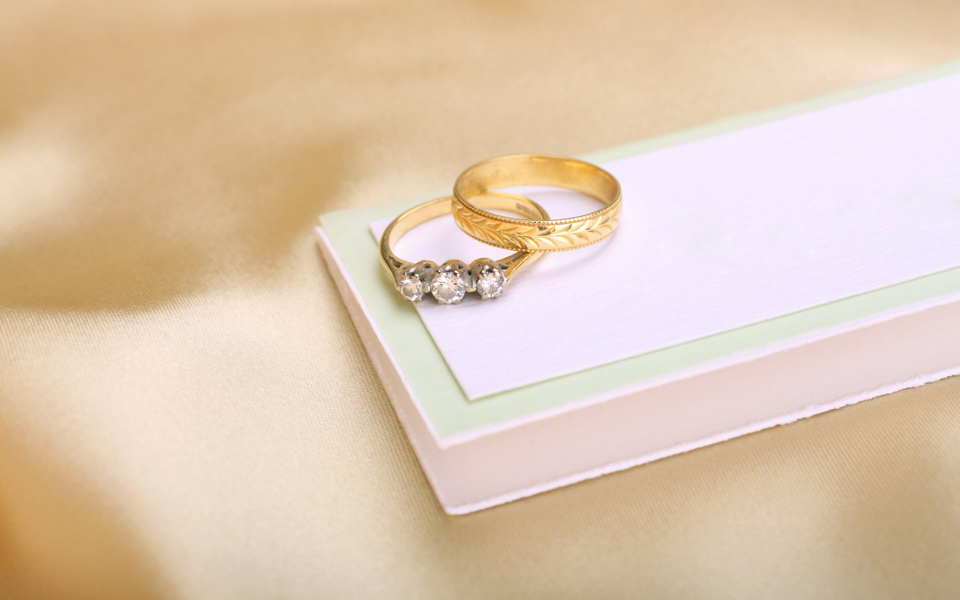 no people, precious gem, clear, rings, love, diamond - gemstone, pair, gold, indoors, engagement, jewelry, 1080P, gold colored, ring, engagement ring, HD Wallpaper
