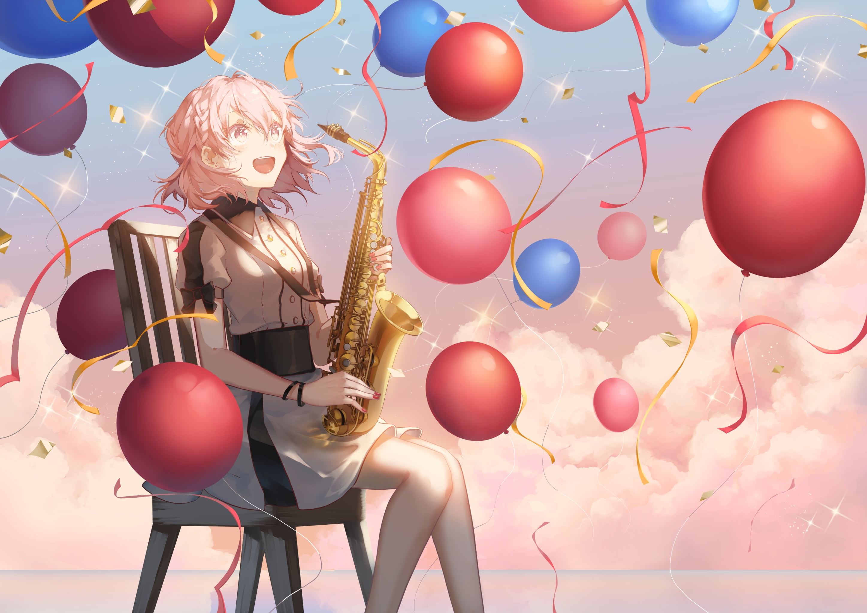 balloon, 2K, Saihate d3, Smile, saxophones, anime girls, HD Wallpaper