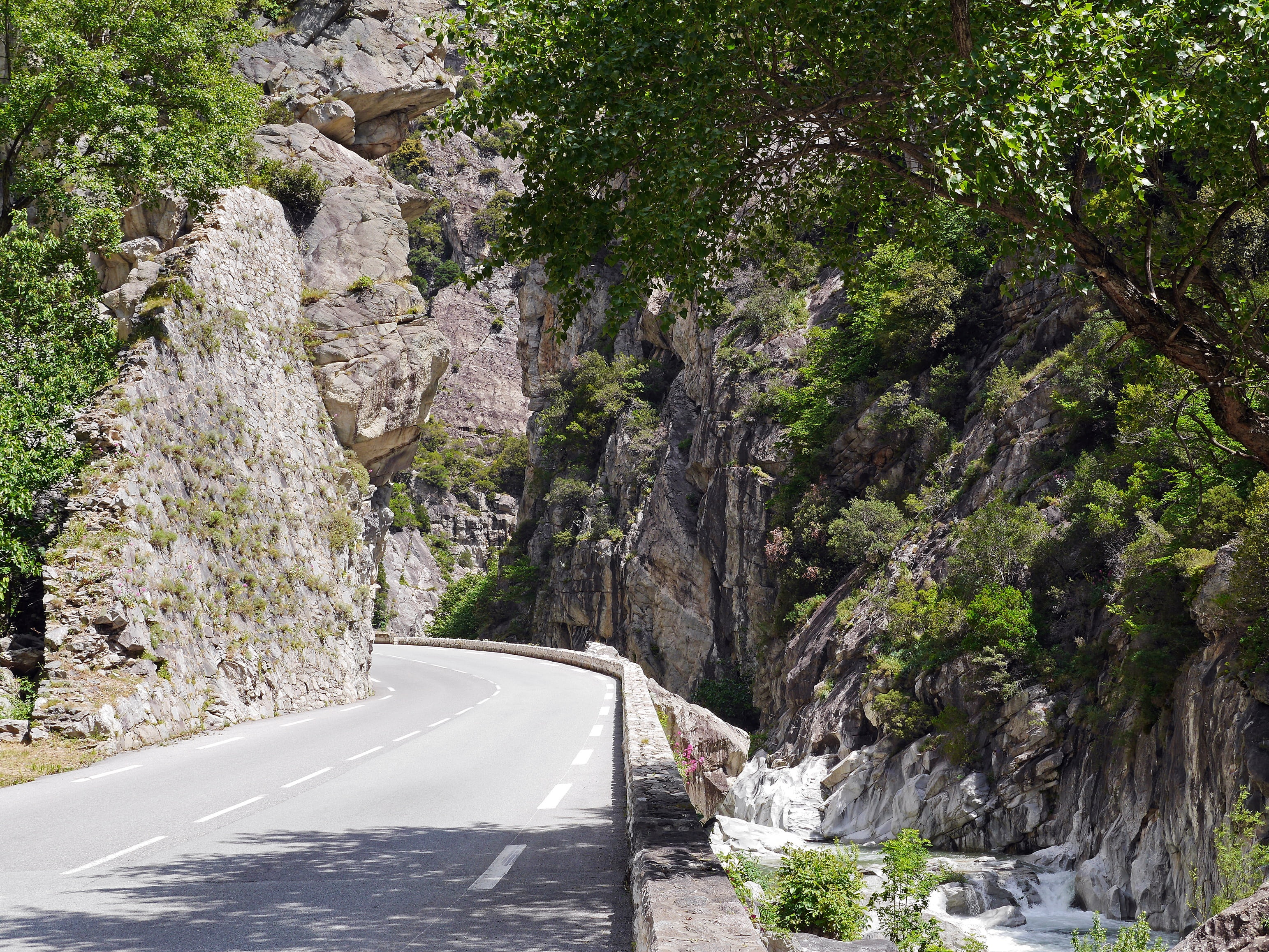 eng, rock formation, ventimiglia, mountain river, rock - object, transportation, e74, beauty in nature, alpine, empty road, no people, outdoors, glacier water, HD Wallpaper