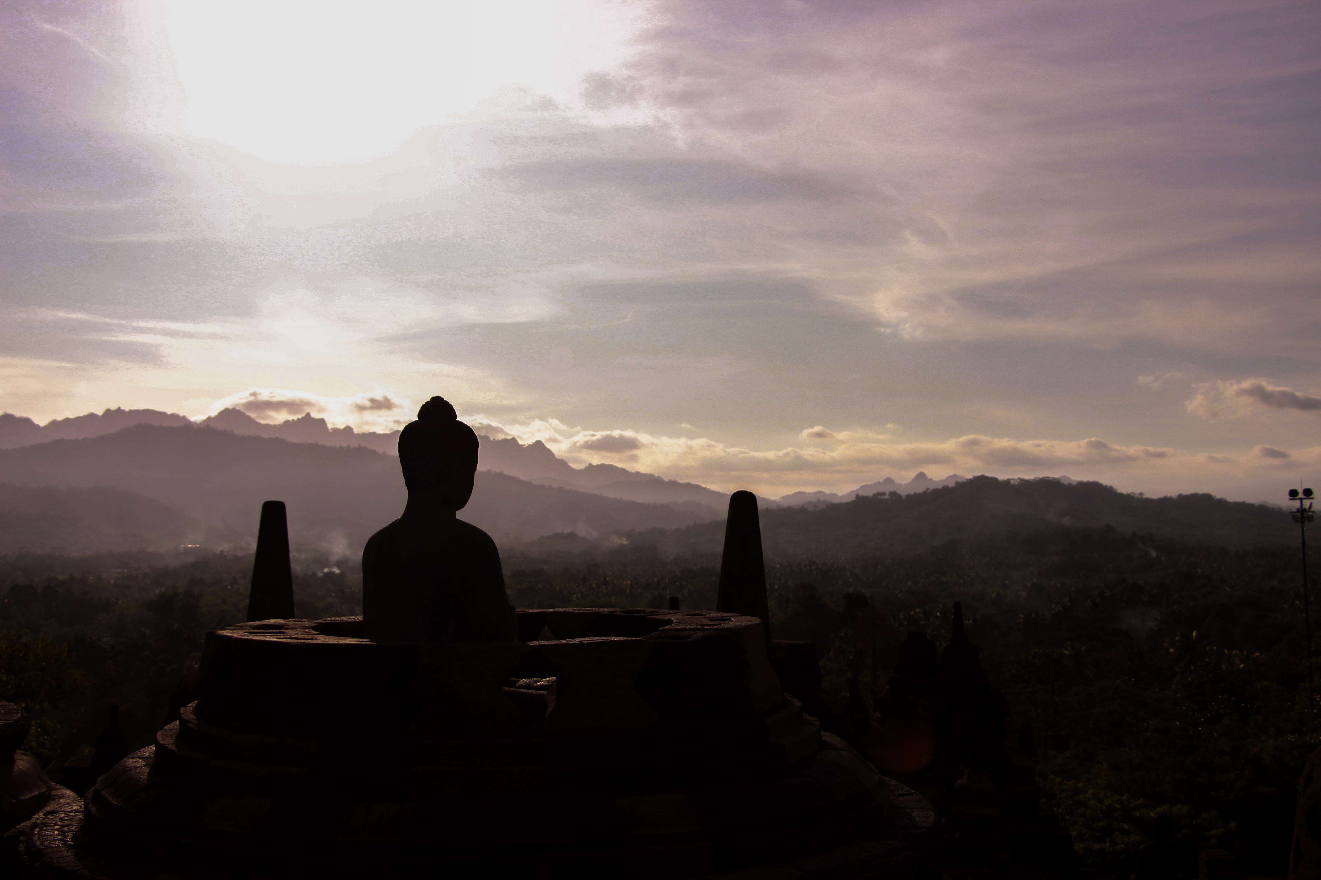 cloud, sky, mountain range, noon, architecture, outdoors, spirituality, belief, place of worship, buddha, tranquility, scenics - nature, mountain, borobudur, HD Wallpaper