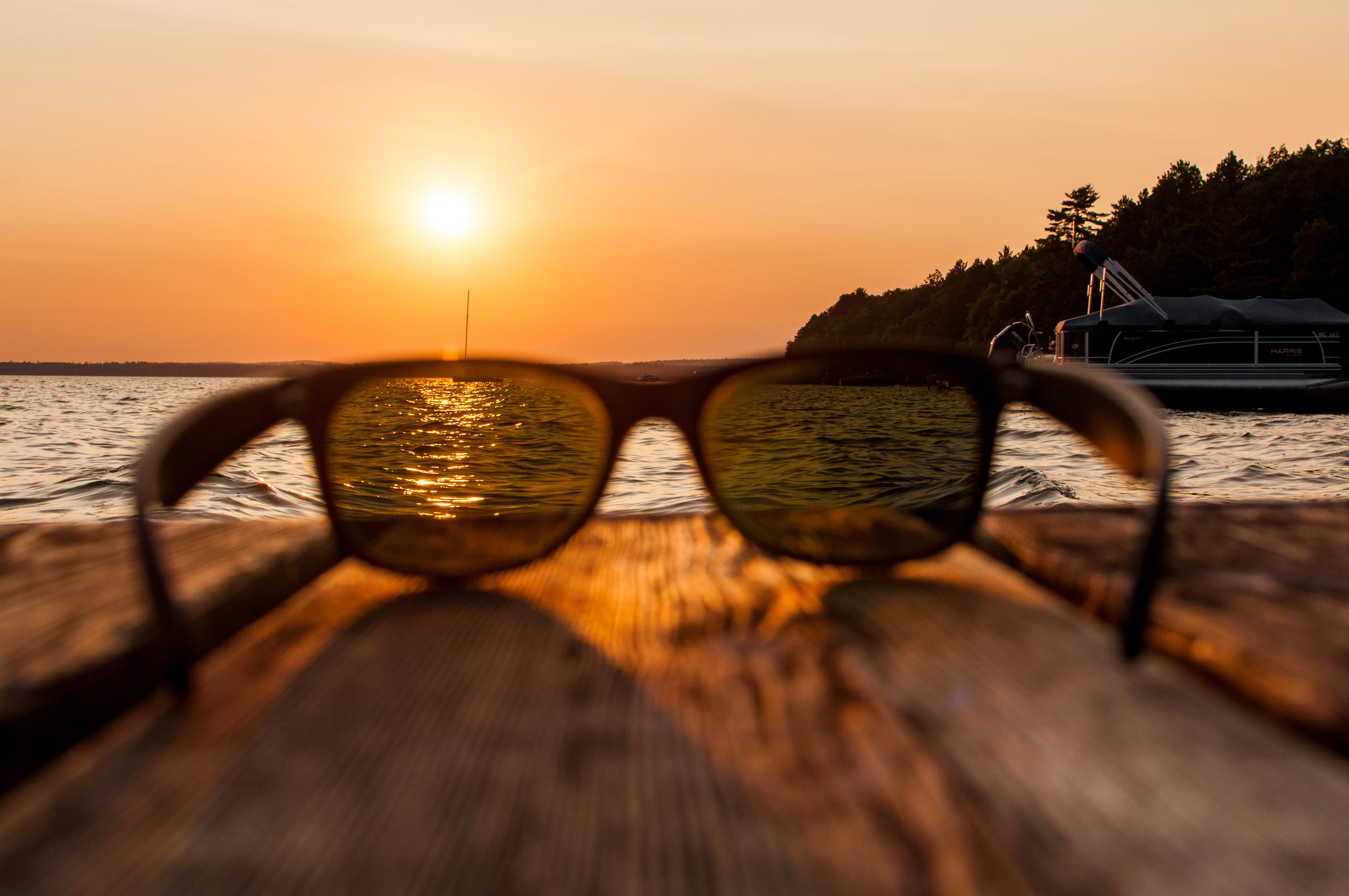 sun, wood, lake, 4K, sunset, yellow, united states, orange color, surface level, raybans, nature, idyllic, wood - material, sunlight, outdoors, ray ban, HD Wallpaper