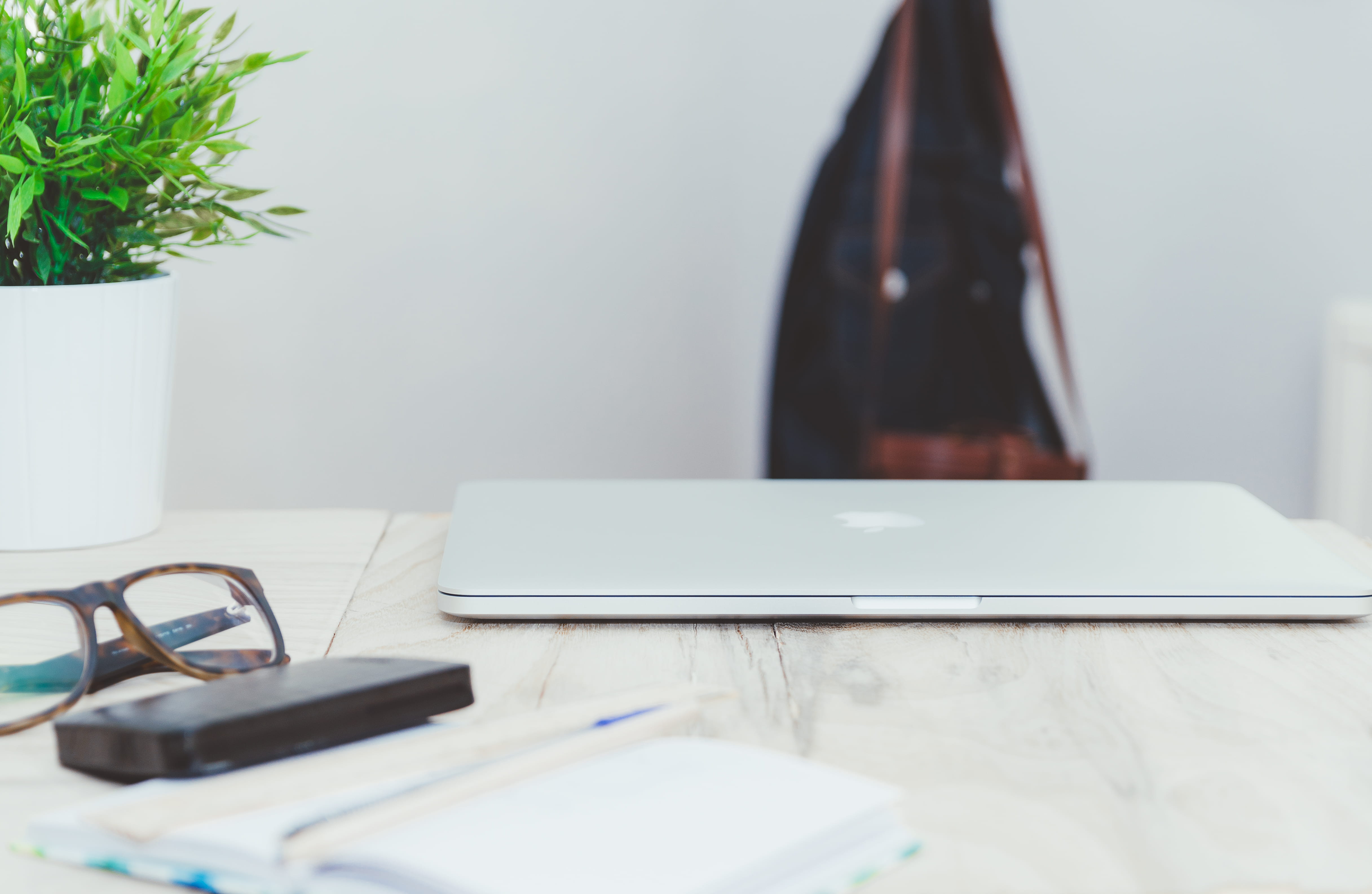 absence, no people, glasses, home workstation, notebook with stationeries, still life, 4K, selective focus, wireless technology, modern minimalistic workspace, HD Wallpaper
