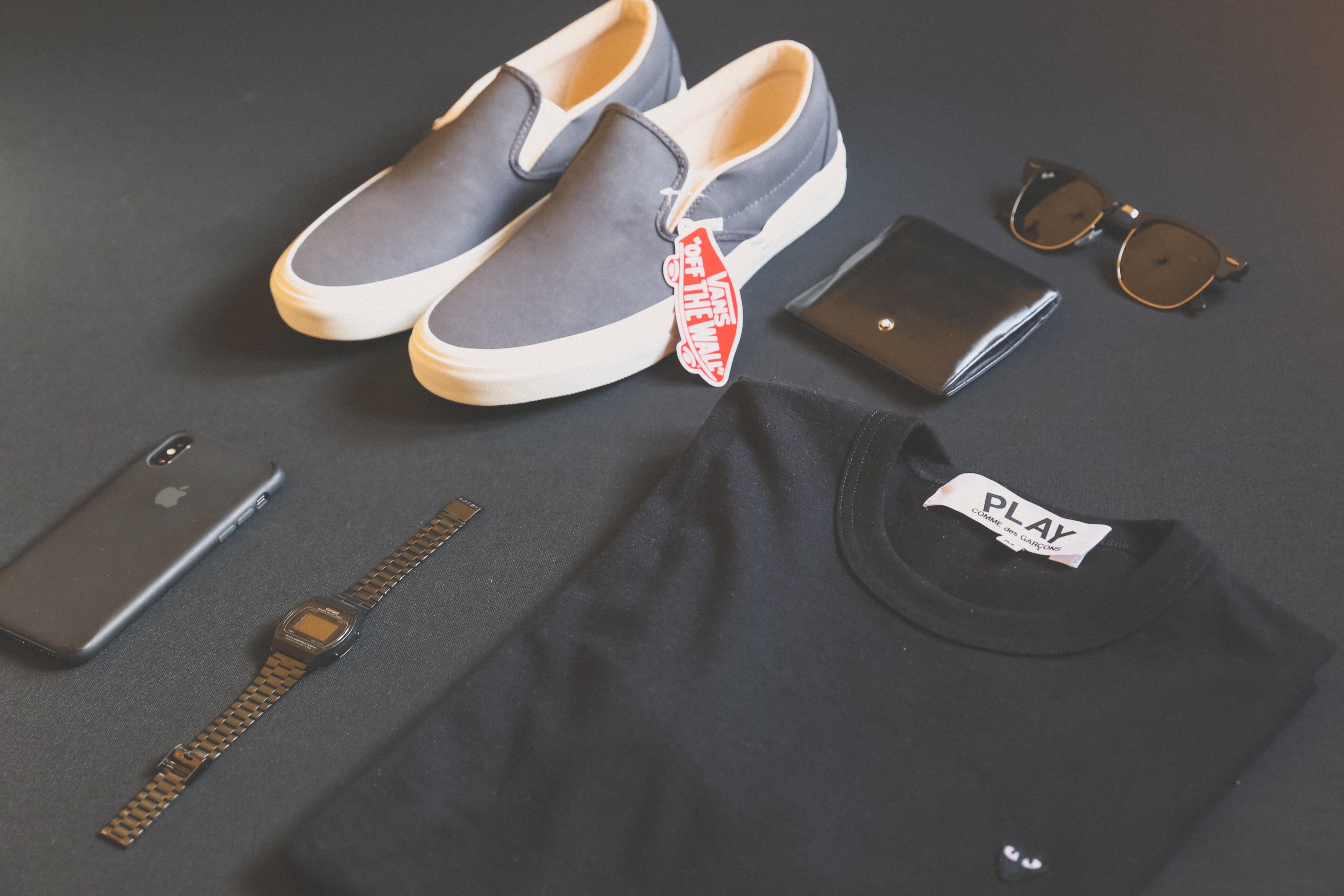 close-up, wallet, pair, black t-shirt, shoe, RayBan, wristwatch, wear, text, communication, accessory, brands, personal accessory, style, Comme Des Garçons, HD Wallpaper