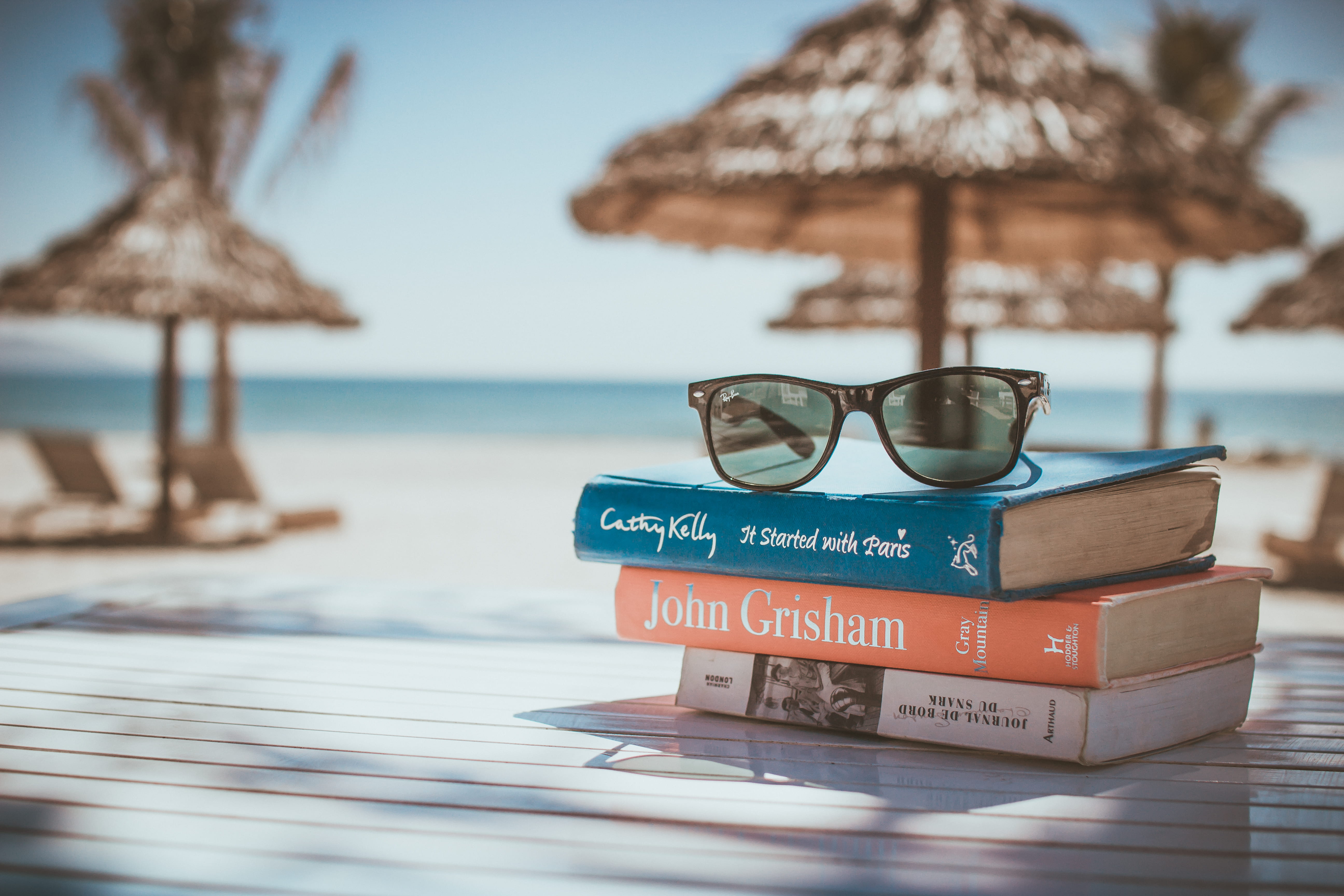 selective, tropical, protection, glasses, palm tree, palm, exotic, ocean, sky, piled, vacations, parasol, shore, books, summer, top, trip, nature, day, HD Wallpaper
