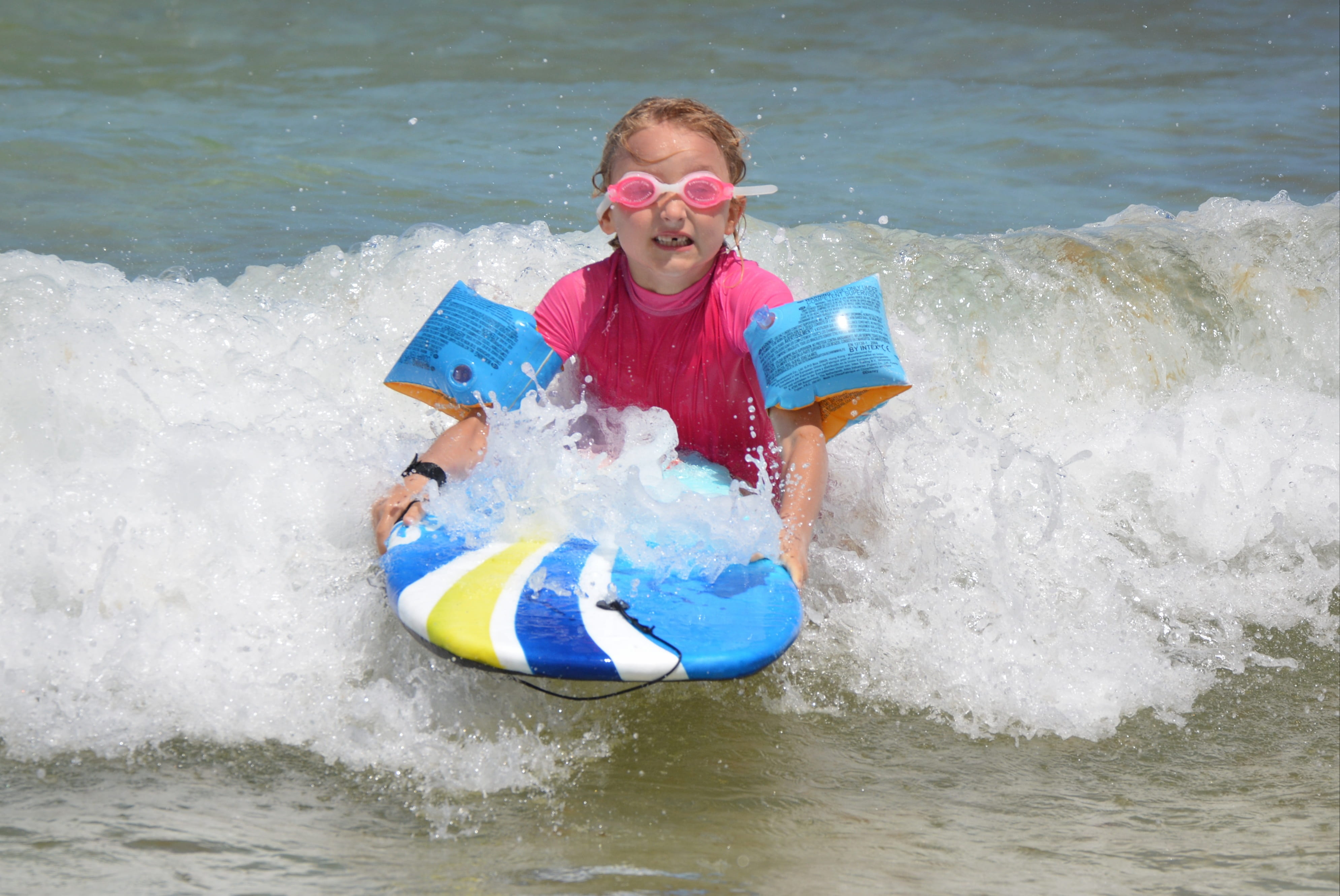 one person, innocence, motion, sea, 4K, inflatable, people, leisure activity, swimming goggles, portrait, uv-resistant clothing, offspring, mouth open, HD Wallpaper