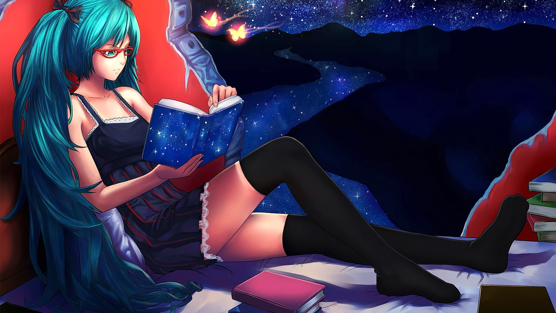 sitting, 1080P, people, hairstyle, anime girls, books, high heels, reading, beautiful woman, Vocaloid, young adult, glasses, long hair, shoe, women, anime, HD Wallpaper