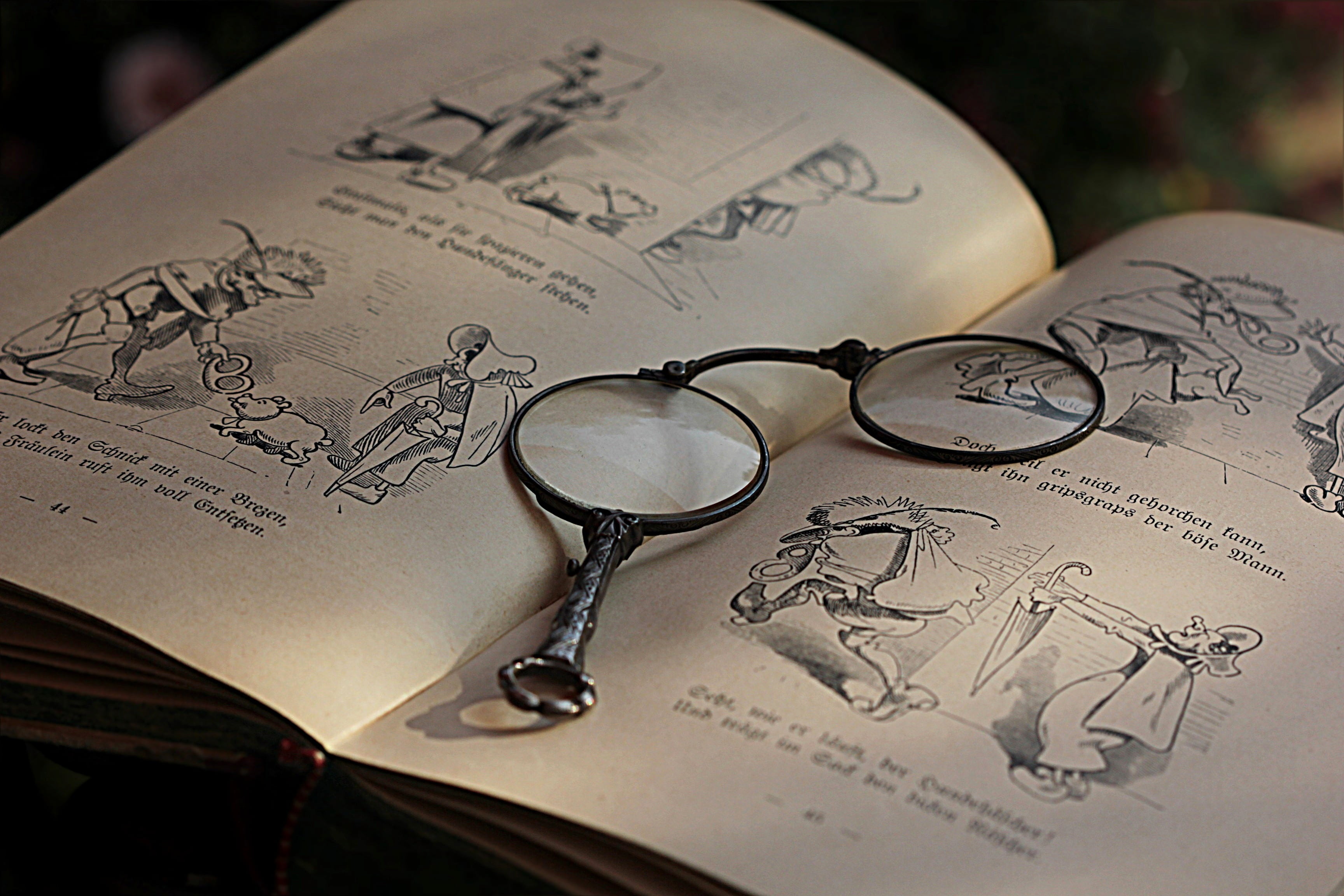 no people, western script, art and craft, sketch, framed, personal accessory, black, century, text, communication, indoors, paper, lorgnette, book, high angle view, HD Wallpaper