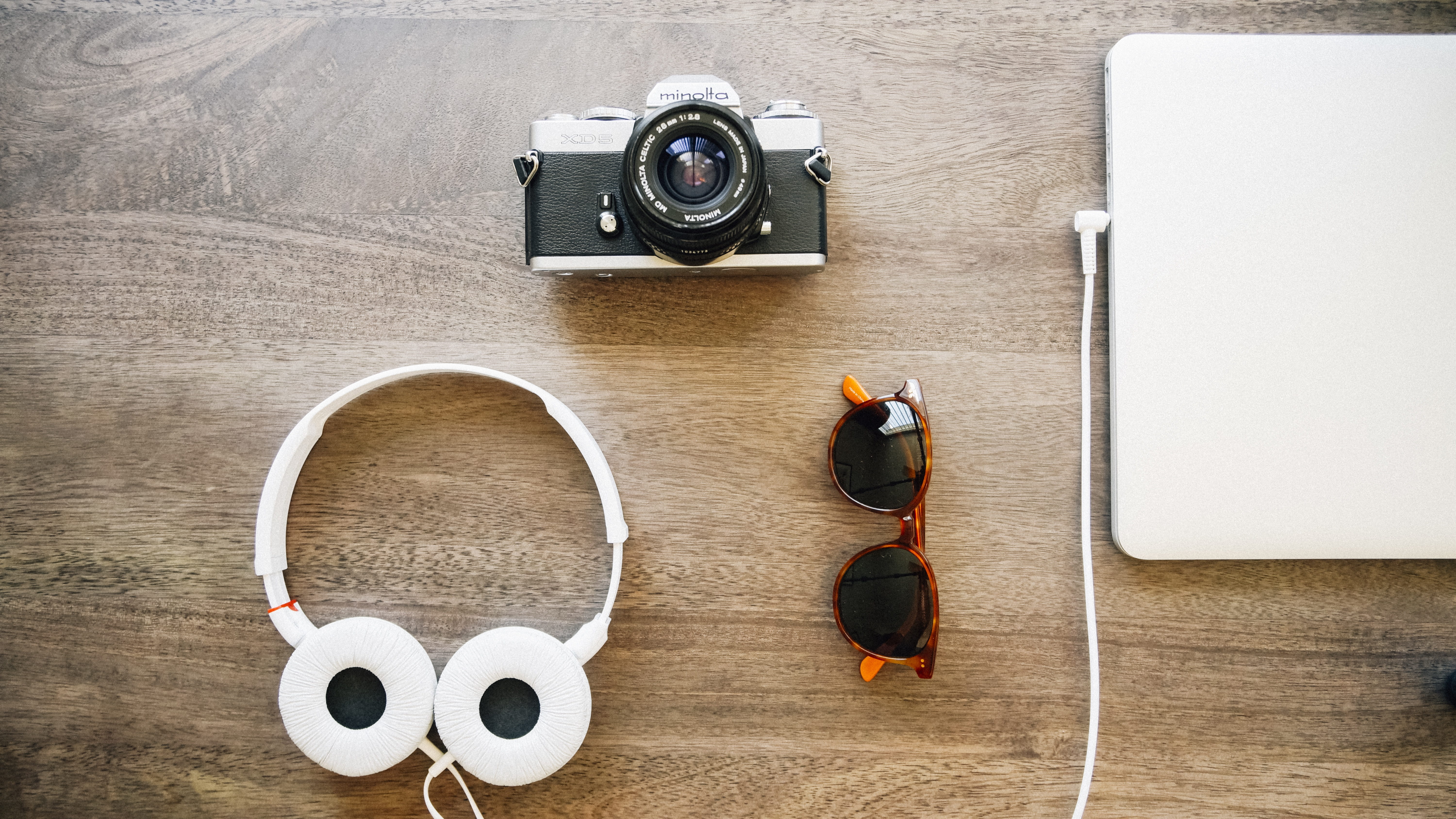 earphones, photographic equipment, photographing, photo, high angle view, music, wood - material, laptop, sunglasses, indoors, still life, camera - photographic equipment, HD Wallpaper