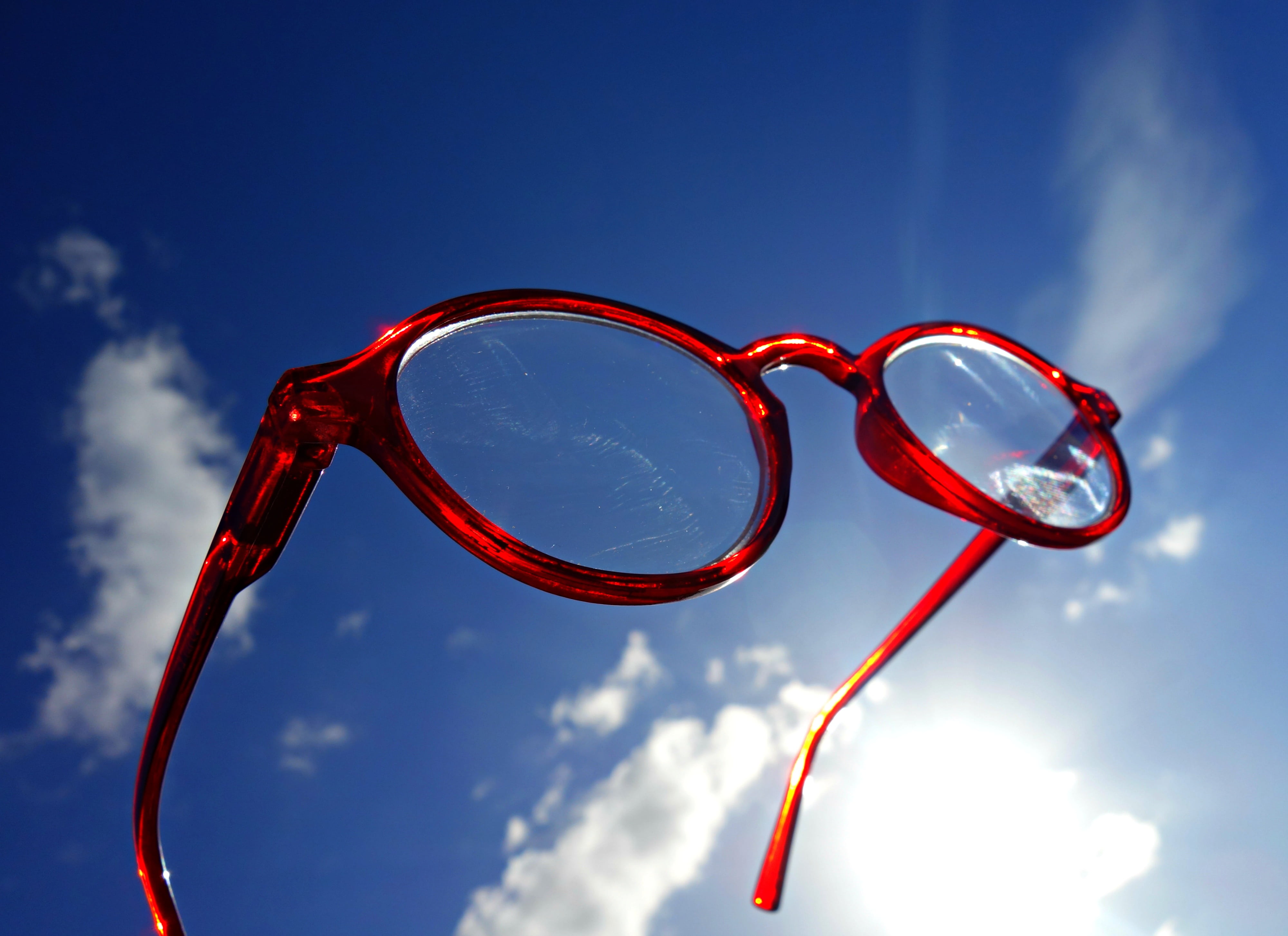 red, cloud - sky, low angle view, day, transparent, optical, framed, vision, single object, spectacles, eyeglasses, glasses, outdoors, clouds, personal accessory, HD Wallpaper