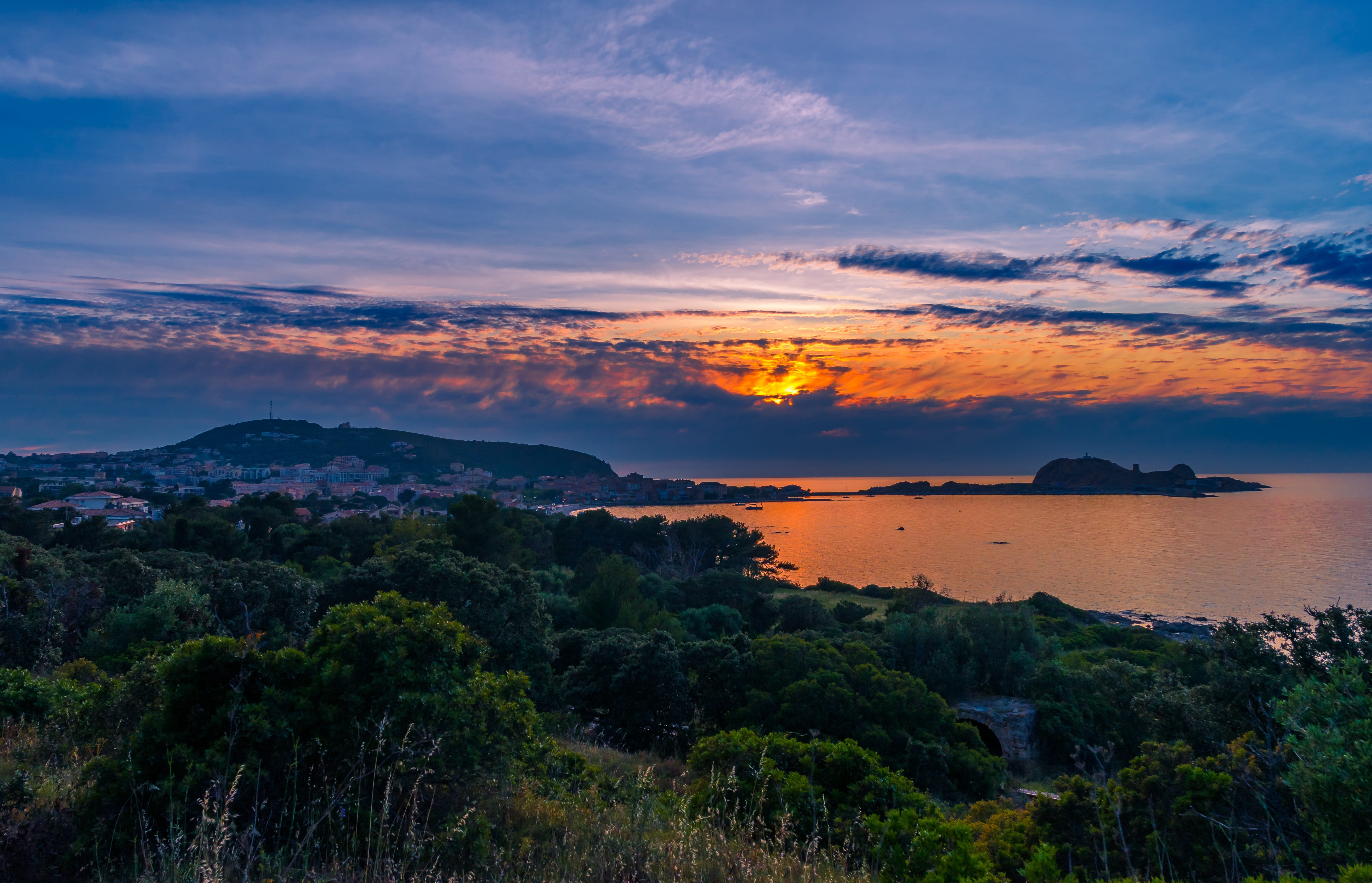 mountain, 5K, land, panorama, sunset, corsica, scenics - nature, sea, tree, dusk, water, sun, orange color, dawn, sardinia, cloud - sky, travel, HD Wallpaper