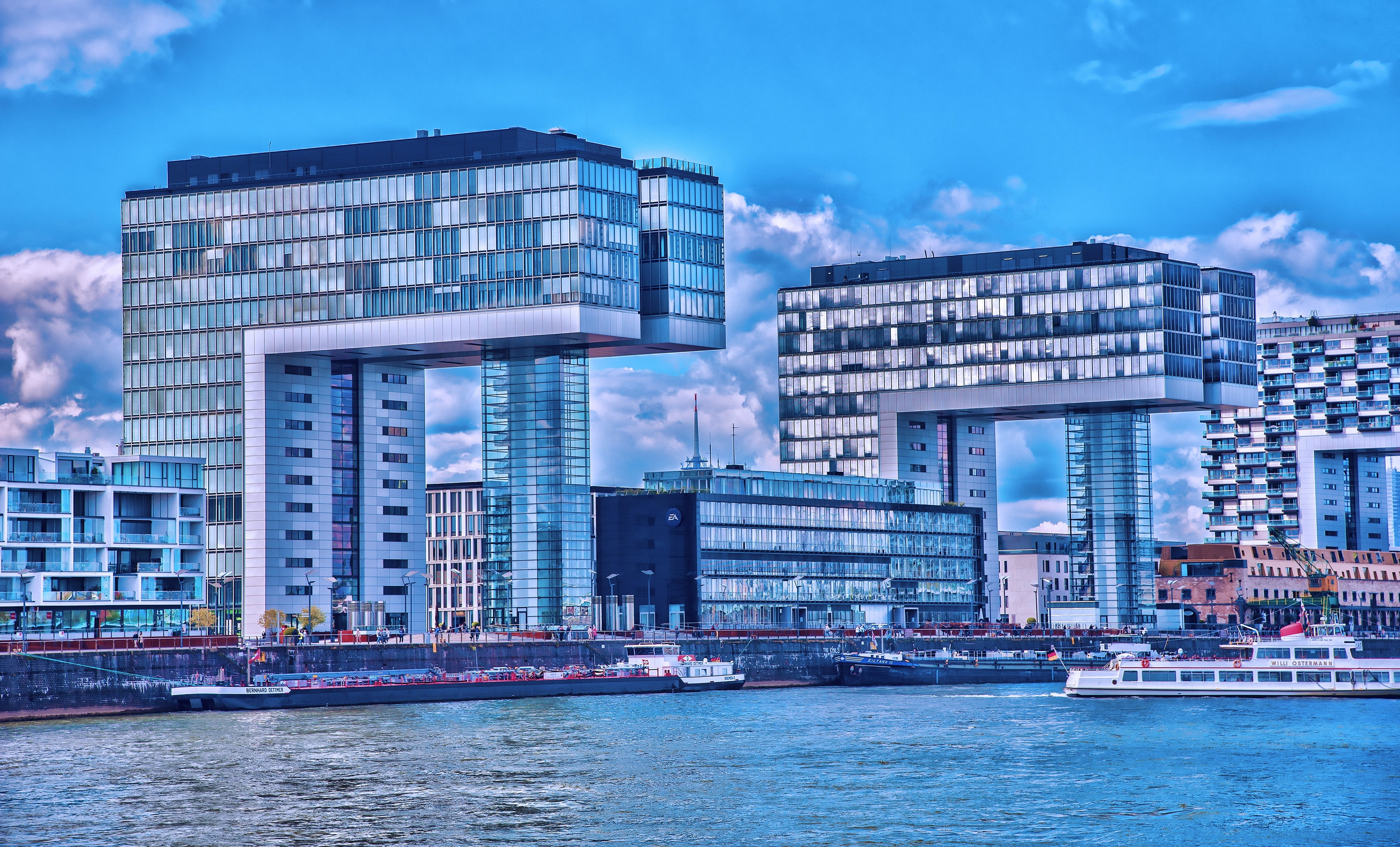 city, outdoors, financial district, transportation, cityscape, office, modern, river, nature, architecture, skyscraper, blue, sky, building, waterfront, HD Wallpaper