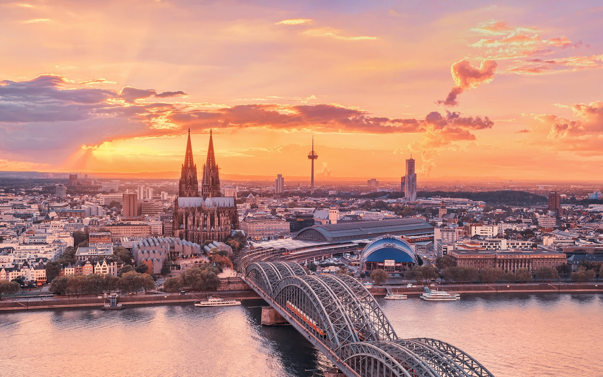 sky, 1080P, city, background, cologne, sunset, river Rhine, HD Wallpaper