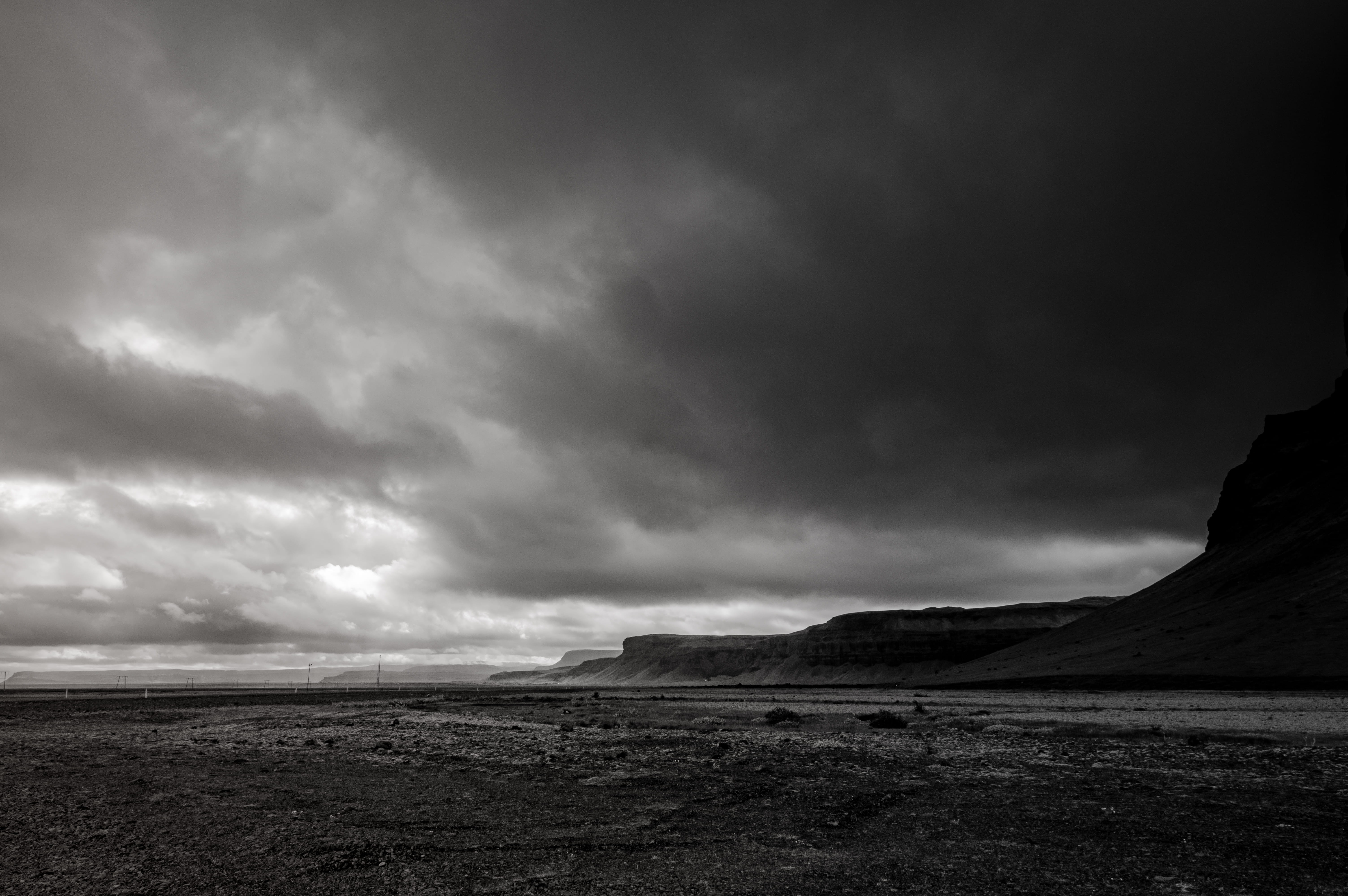 scenics - nature, no people, land, clouds, travel, pentax, field, day, outdoors, dark, cloud - sky, storm, gloomy, 5K, iceland, overcast, non-urban scene, HD Wallpaper