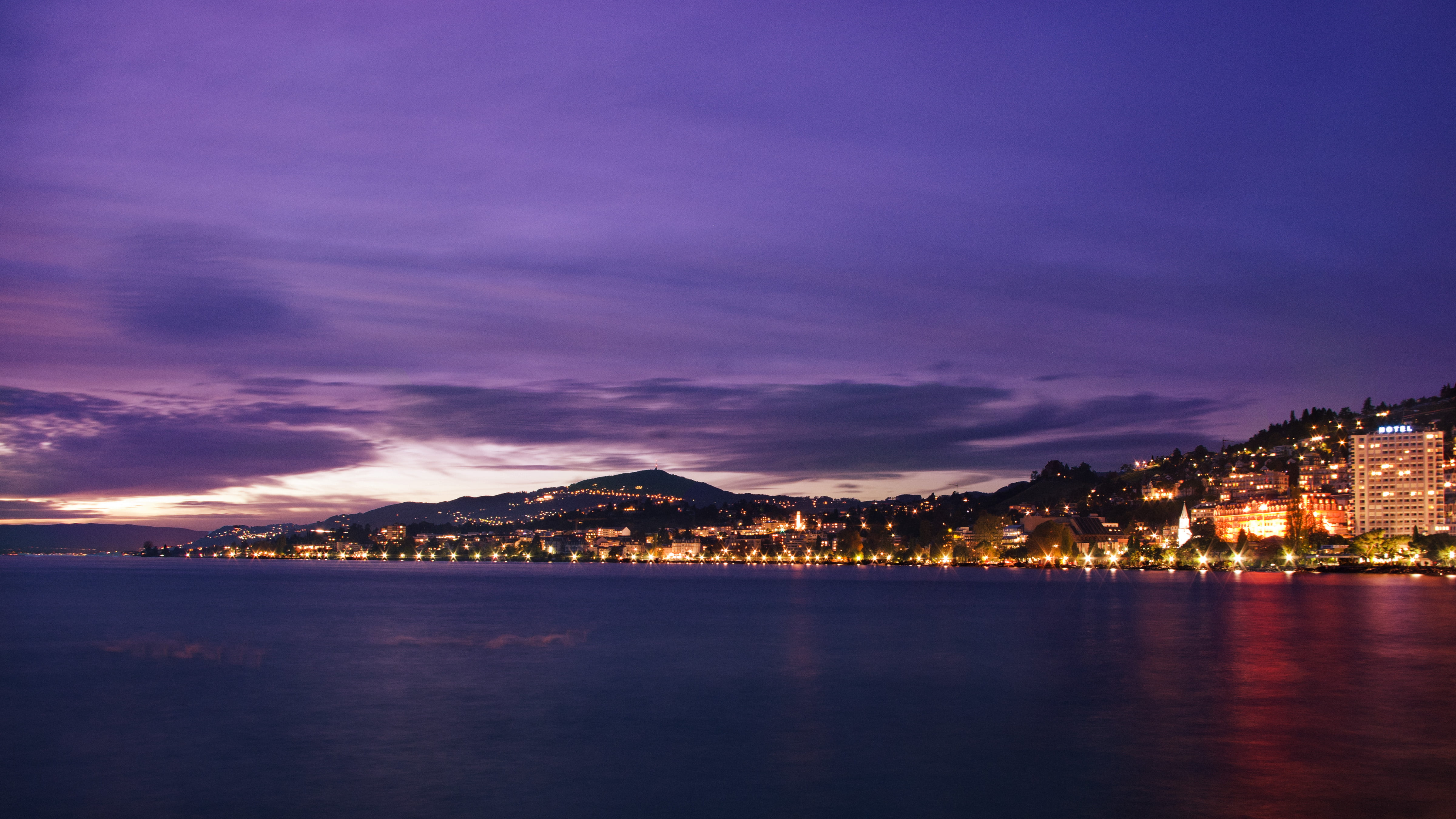 sea, 4K, night, coastline, pentax  K-r, white, dusk, white skies, water, sunset, switzerland, skies, harbor, Lake  Geneva, City, purple, Pentax Kr, Montreux, HD Wallpaper