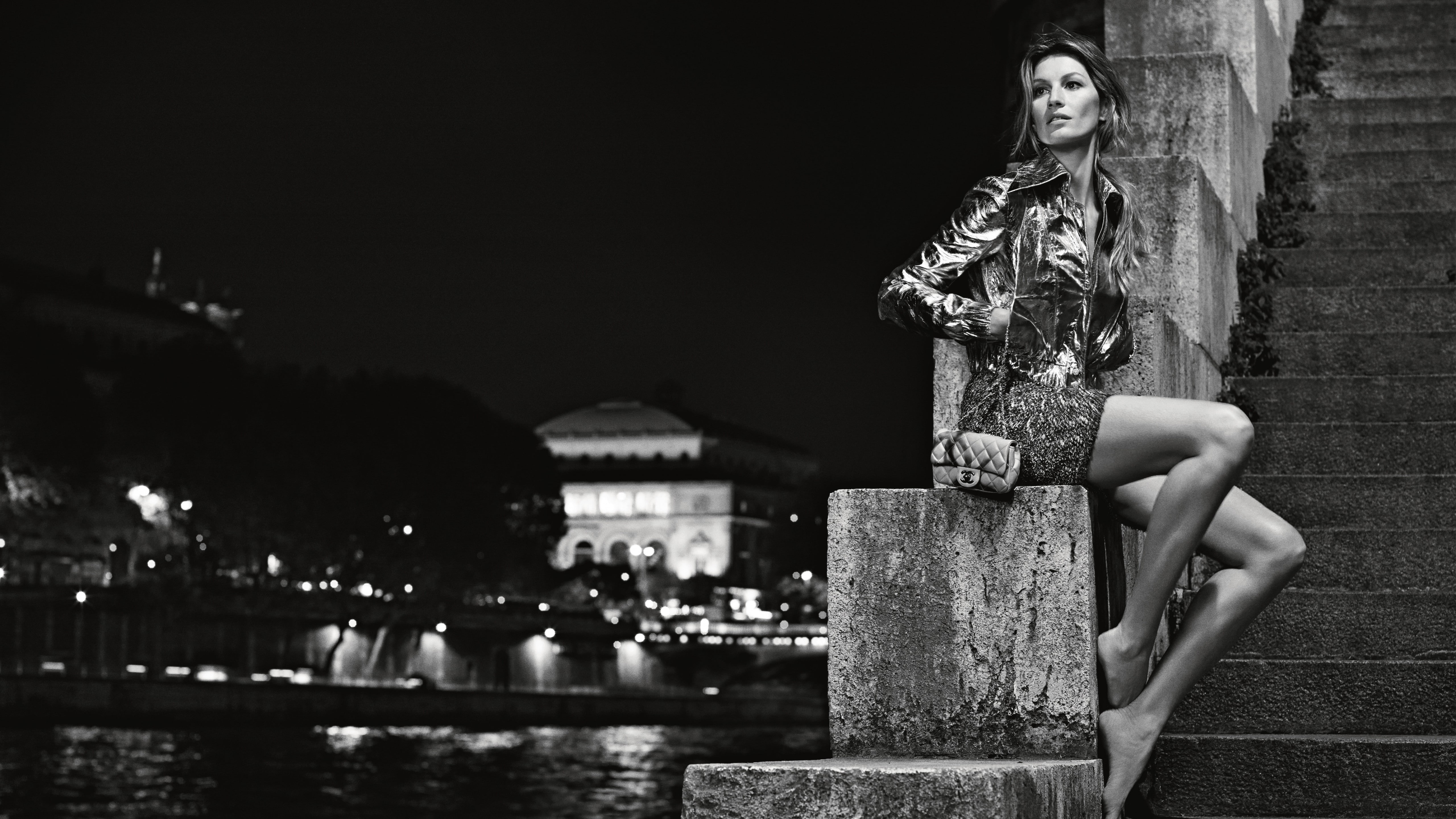 siting, Chanel 2015, concrete, staircase, Gisele Bundchen, black and white, water, grayscale, ladder, fashion model, 5K, photograpy, woman, HD Wallpaper