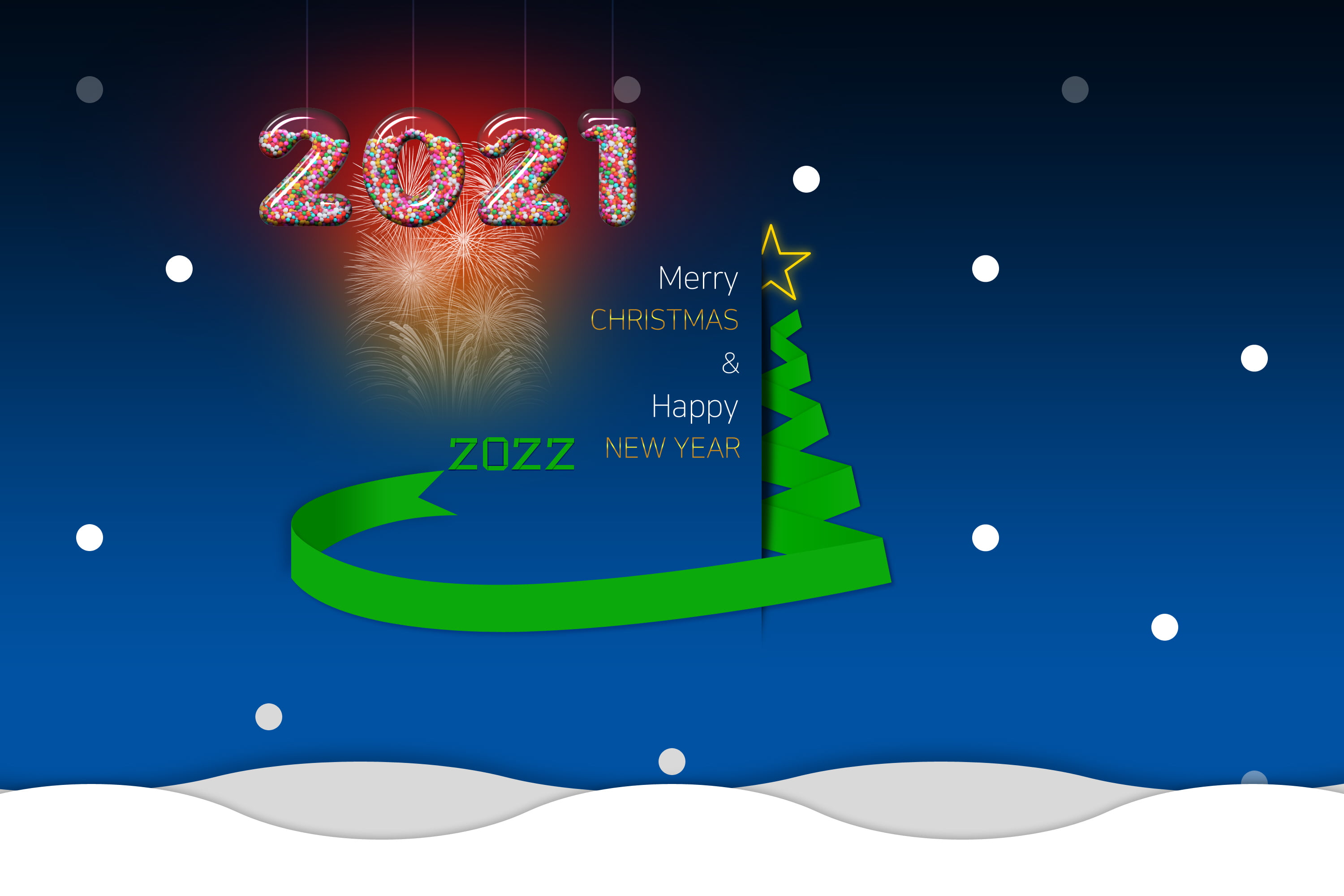Christmas, fireworks, snow, Christmas 2021, Happy New Year, Christmas Tree, happy new year 2022, 2K, HD Wallpaper