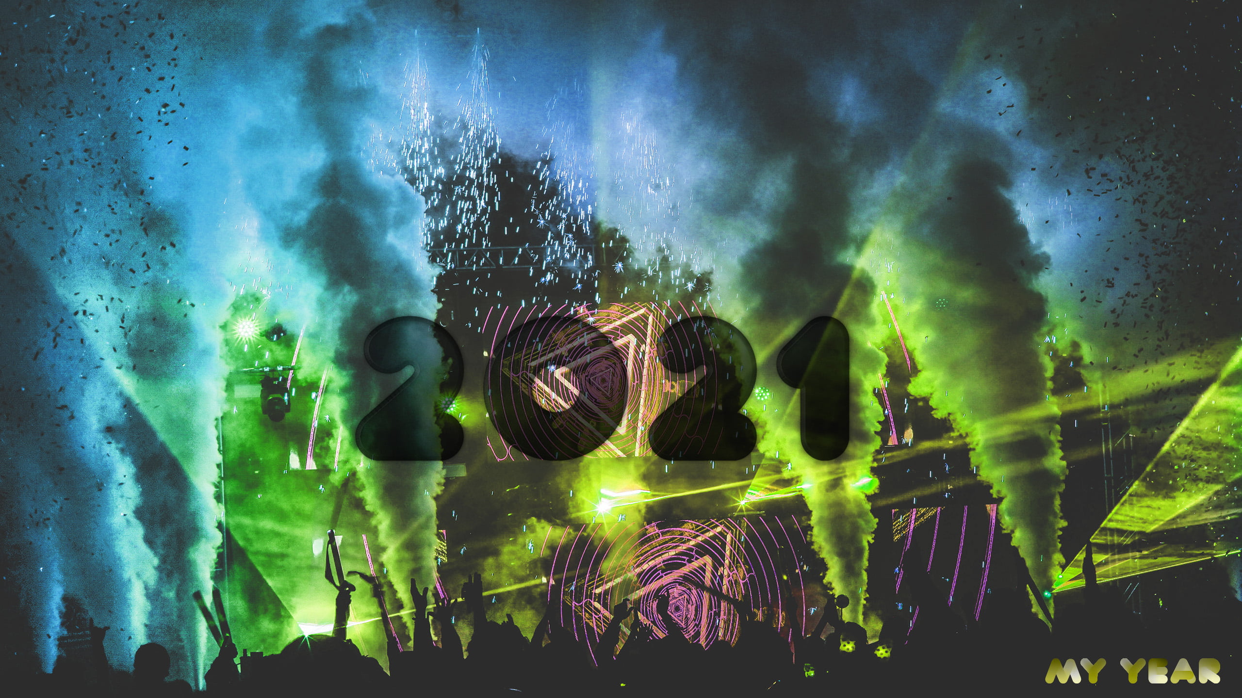 green background, lights, colorful, poster, concerts, New Year, 2021, artwork, cyan, 2K, digital art, HD Wallpaper