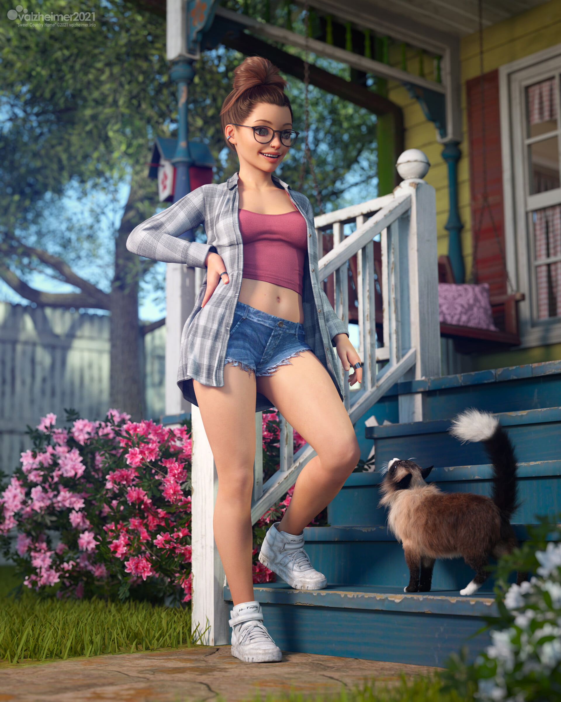 brunette, animals, 1080P, bare midriff, women, render, women outdoors, legs, flowers, CGI, 2021 (Year), mammals, plants, standing, belly, outdoors, digital art, Phone HD Wallpaper