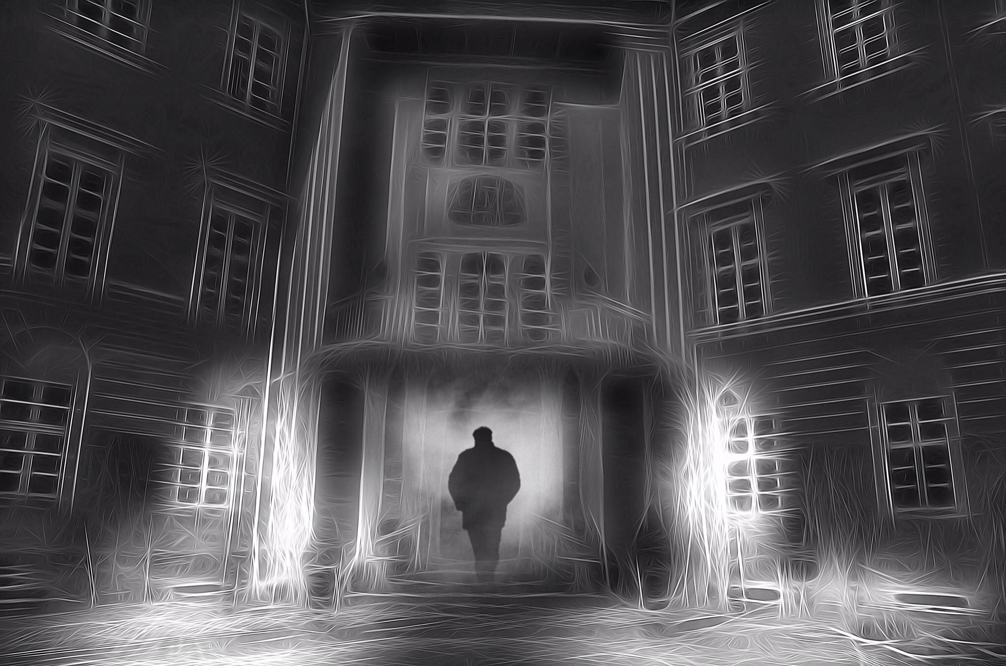 digital composite, full length, spirit, horror, near, night, man, building, standing, built structure, indoors, contemplation, midnight, celebration, adult, HD Wallpaper