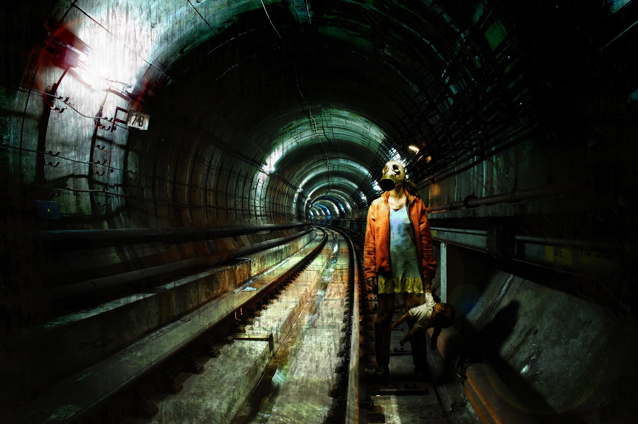 full length, inside Of, corridor, spooky, toy, people, rear view, child, tunnel, horror, industry, dirty, old, subway Station, direction, real people, gas mask, HD Wallpaper