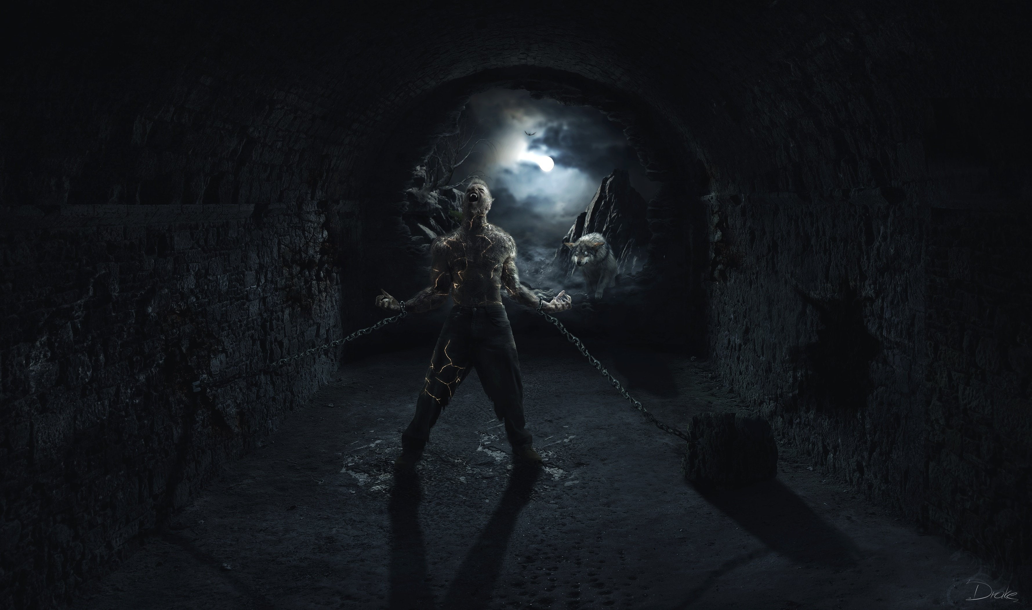 architecture, ghost, illuminated, dark, spooky, night, original, artistic, celebration, standing, adult, artwork, the past, mystery, real people, tunnel, HD Wallpaper