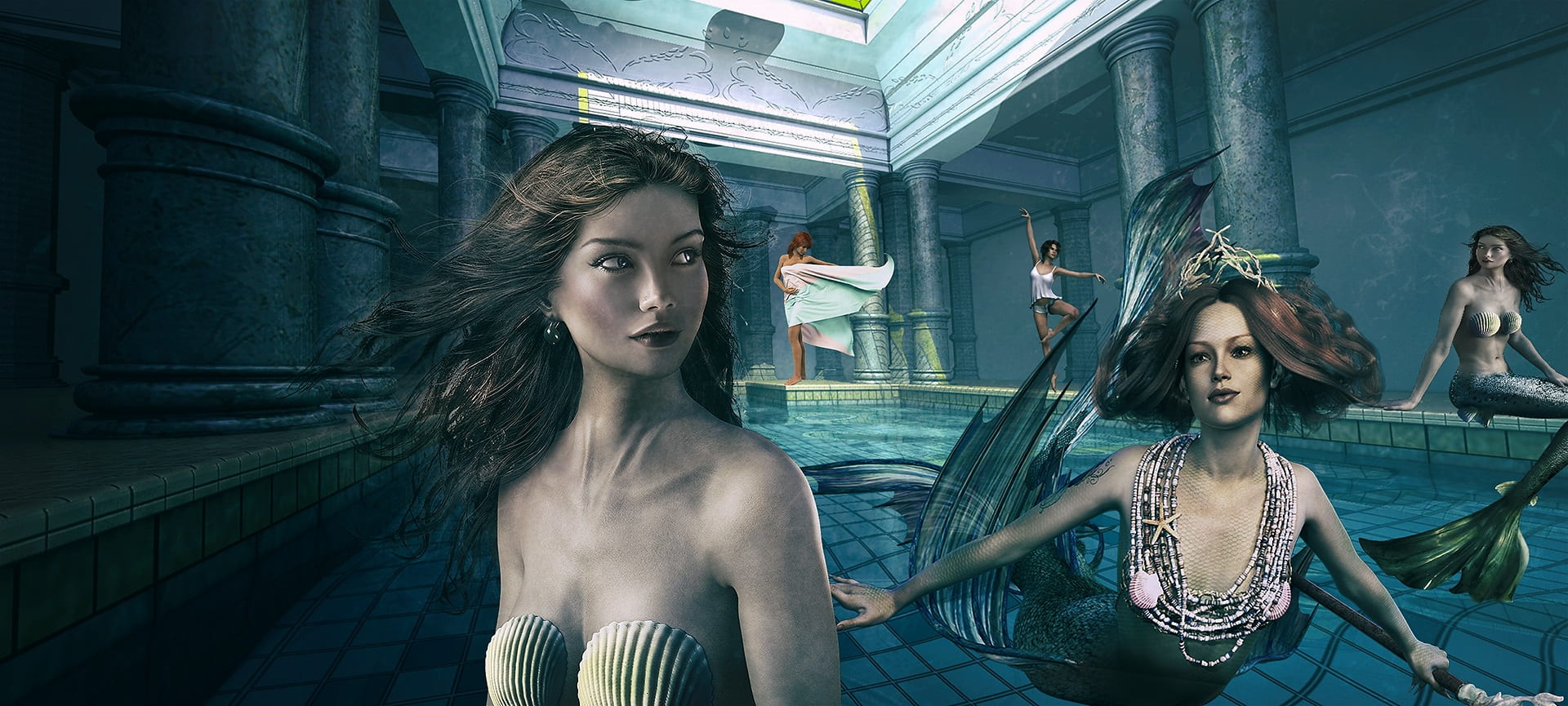 beauty, emotion, illustration, young adult, fantasy, woman, people, siren, badenixe, long hair, water, young women, portrait, fairy tale, fashion, adult, HD Wallpaper