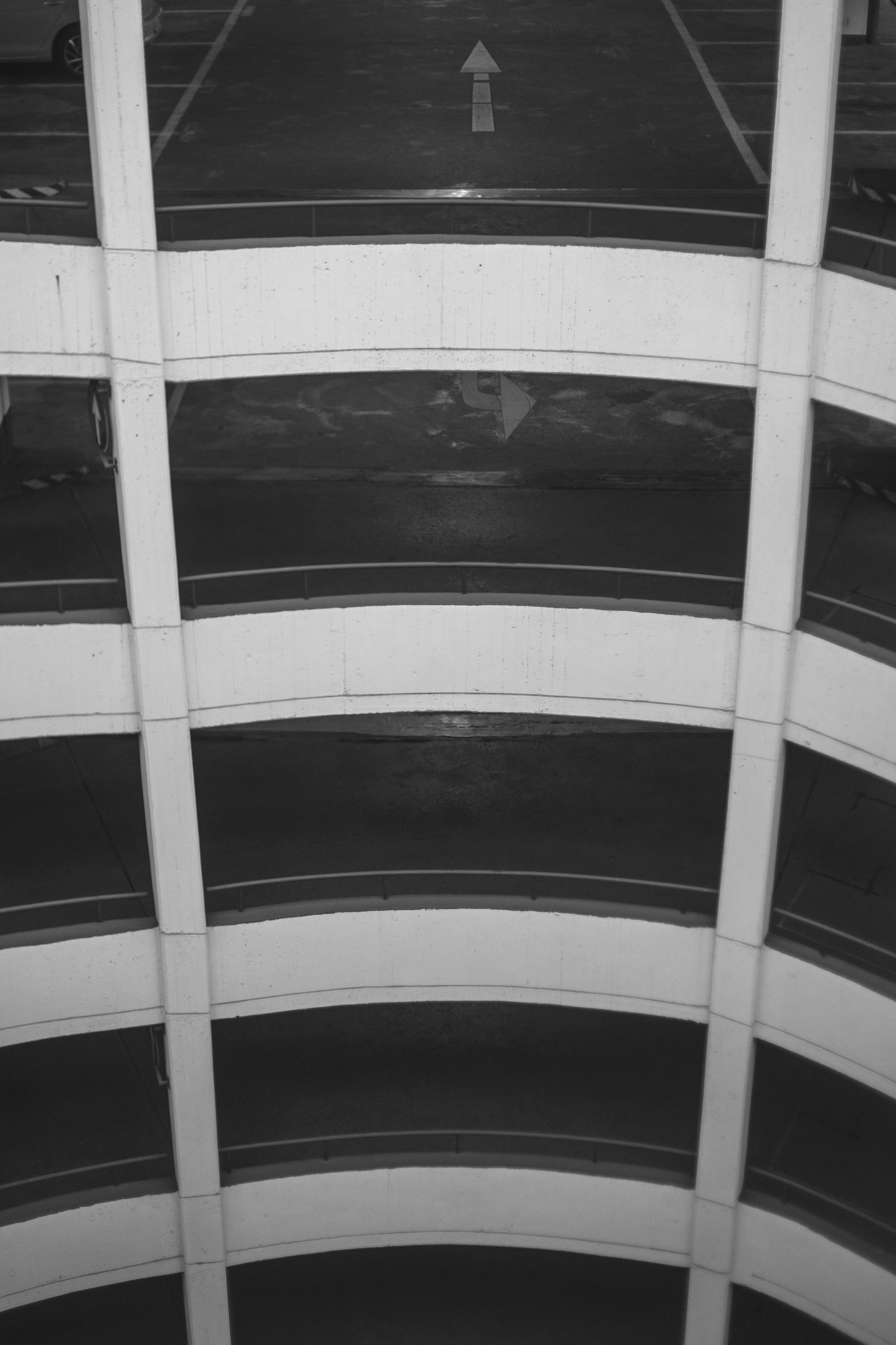 backgrounds, urbex, carpark, white, pattern, levels, indoors, shape, design, glass - material, black and white, ceiling, dark, no people, parking garage, Phone HD Wallpaper
