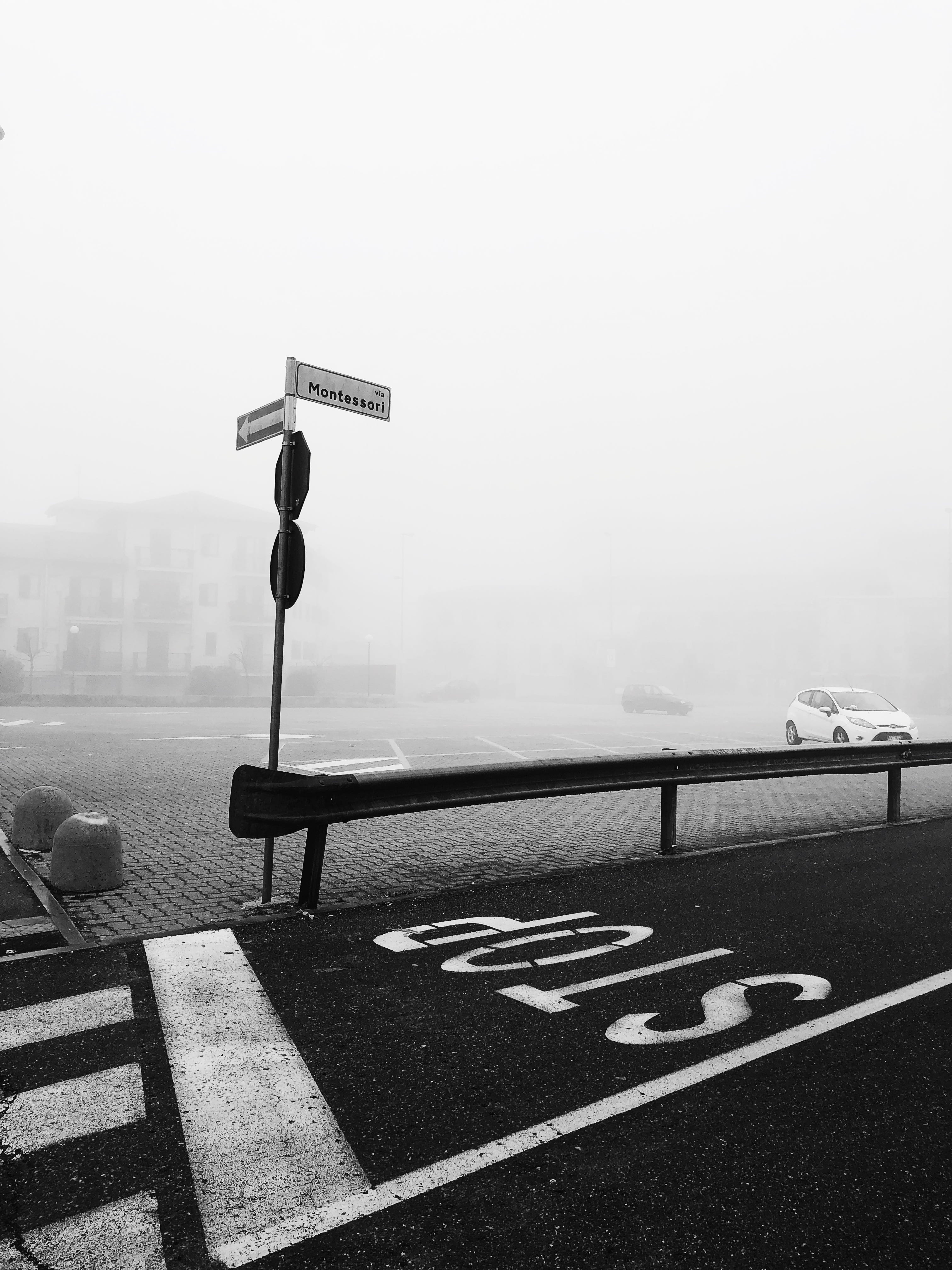 railing, carpark, limit line, sky, city, text, guidance, monochrome, parking lot, no people, urban, street photography, sign, road marking, symbol, photography, Phone HD Wallpaper