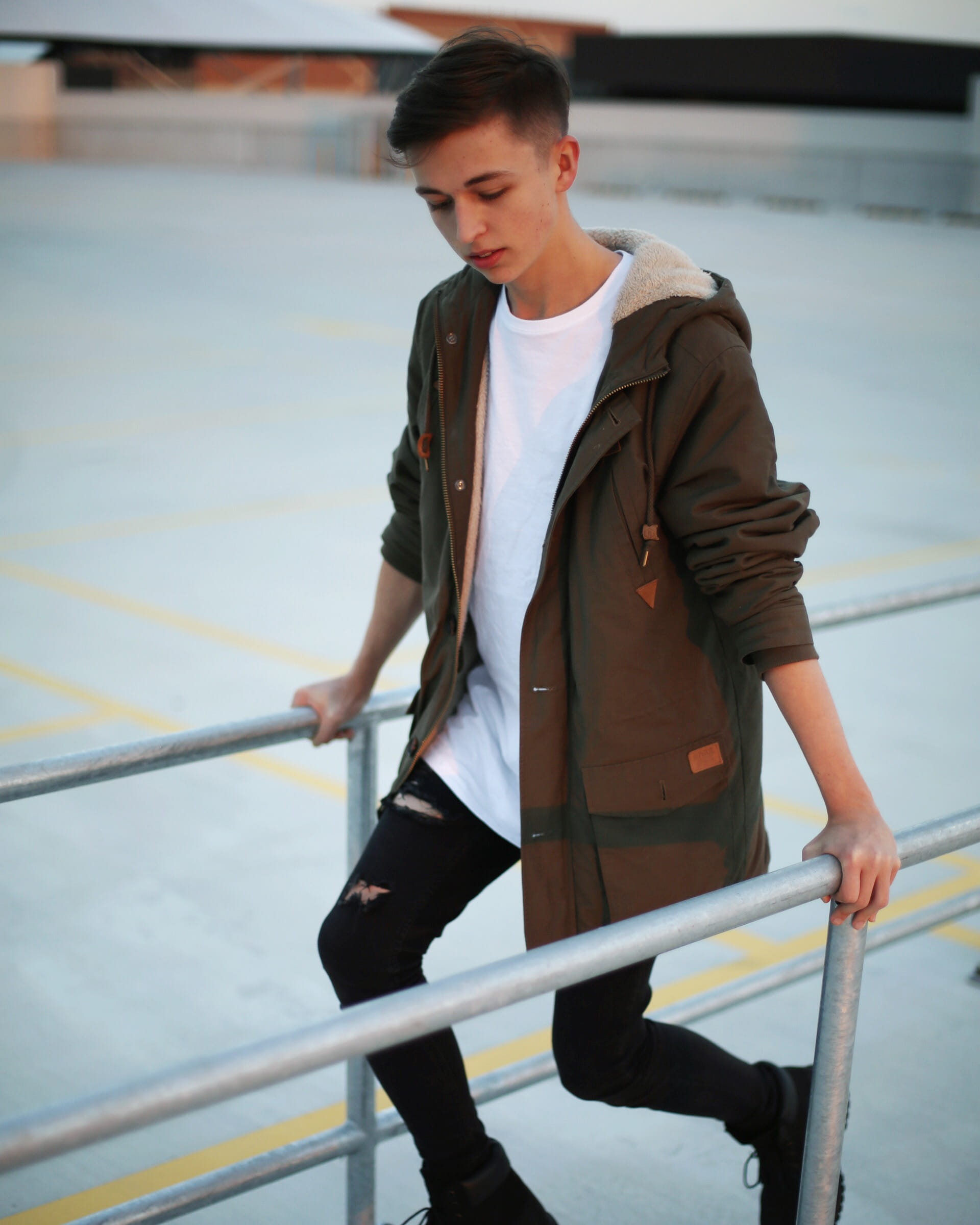 water, railing, full length, outdoors, one person, lifestyles, model, person, concrete, looking, boy, 1080P, young adult, leisure activity, carpark, day, Phone HD Wallpaper