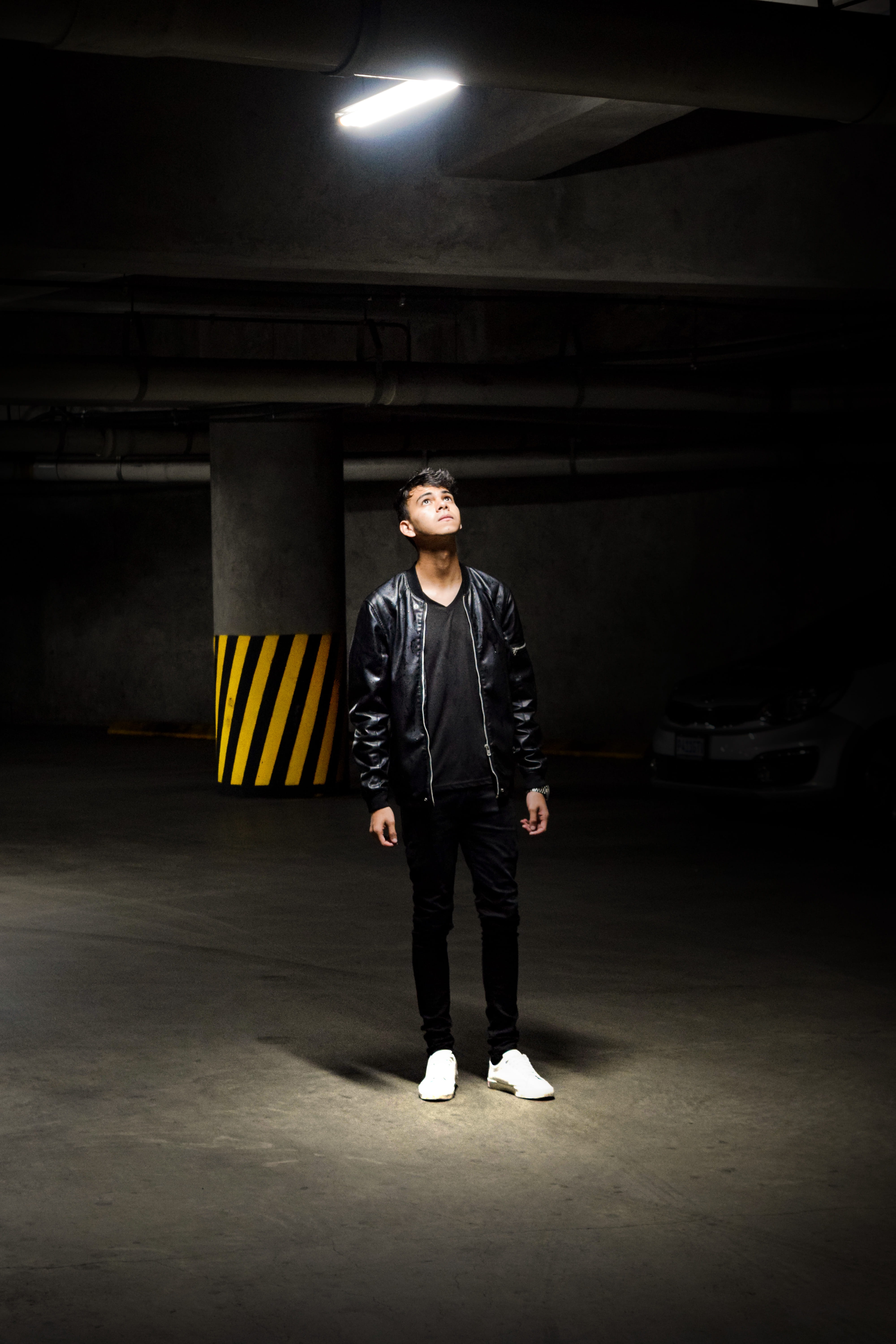 face, staring, young men, fashion, looking at camera, highlight, one person, coat, full length, men, model, illuminated, carpark, leather, real people, Phone HD Wallpaper
