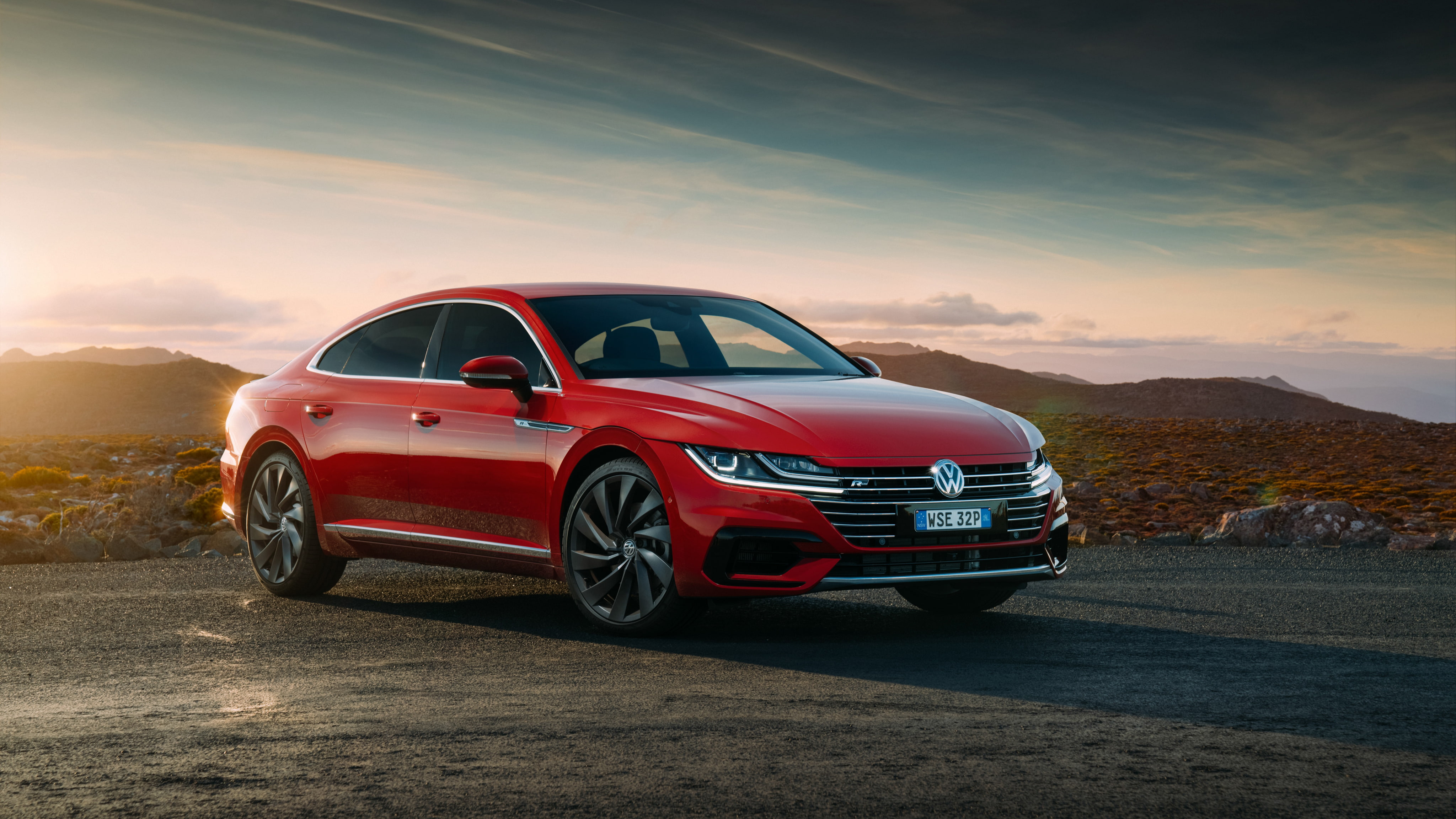 mode of transportation, Volkswagen, cloud - sky, motor vehicle, sunset, sunlight, Arteon, mountain, travel, sky, Line, car, road, small, 4K, stationary, HD Wallpaper