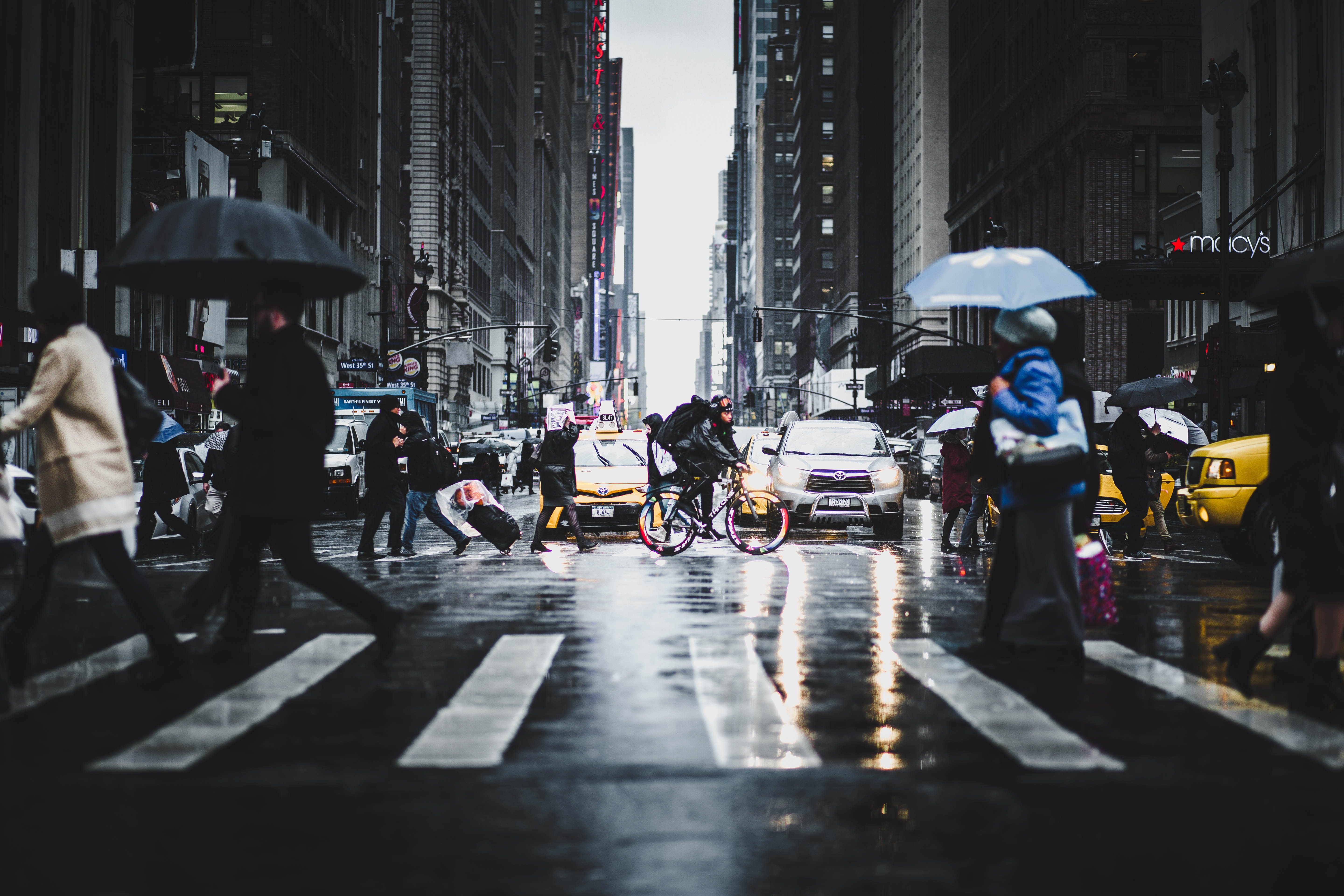 transportation, road, wheel, group of people, urban, rain, person, walking, lane, day, zebra crossing, metropolis, city street, street, crossing, vehicle, HD Wallpaper