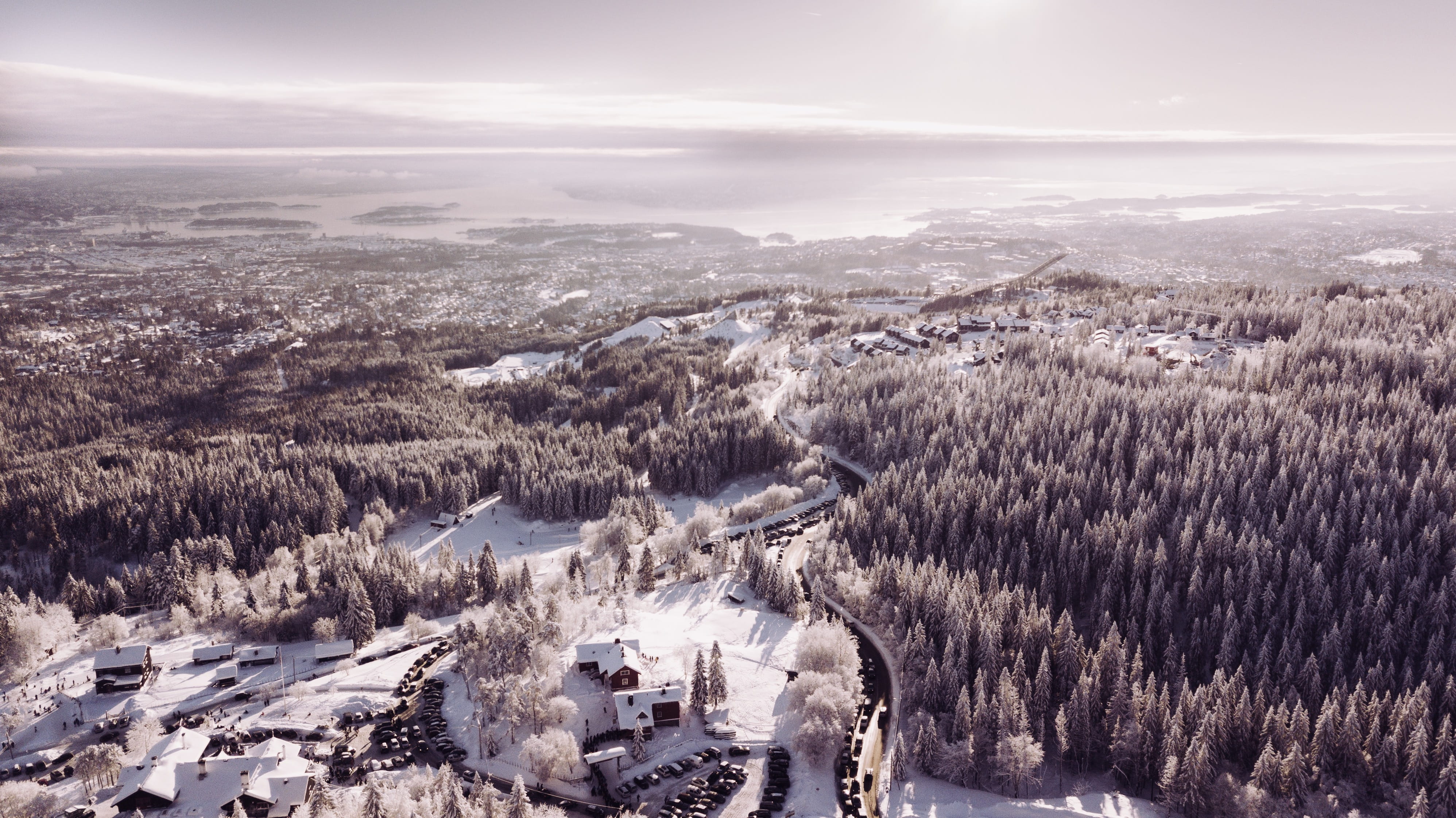tourism, oslo, winter, nature, no people, building exterior, day, travel, norway, snow, plant, water, high angle view, architecture, outdoors, holmenkollen, HD Wallpaper