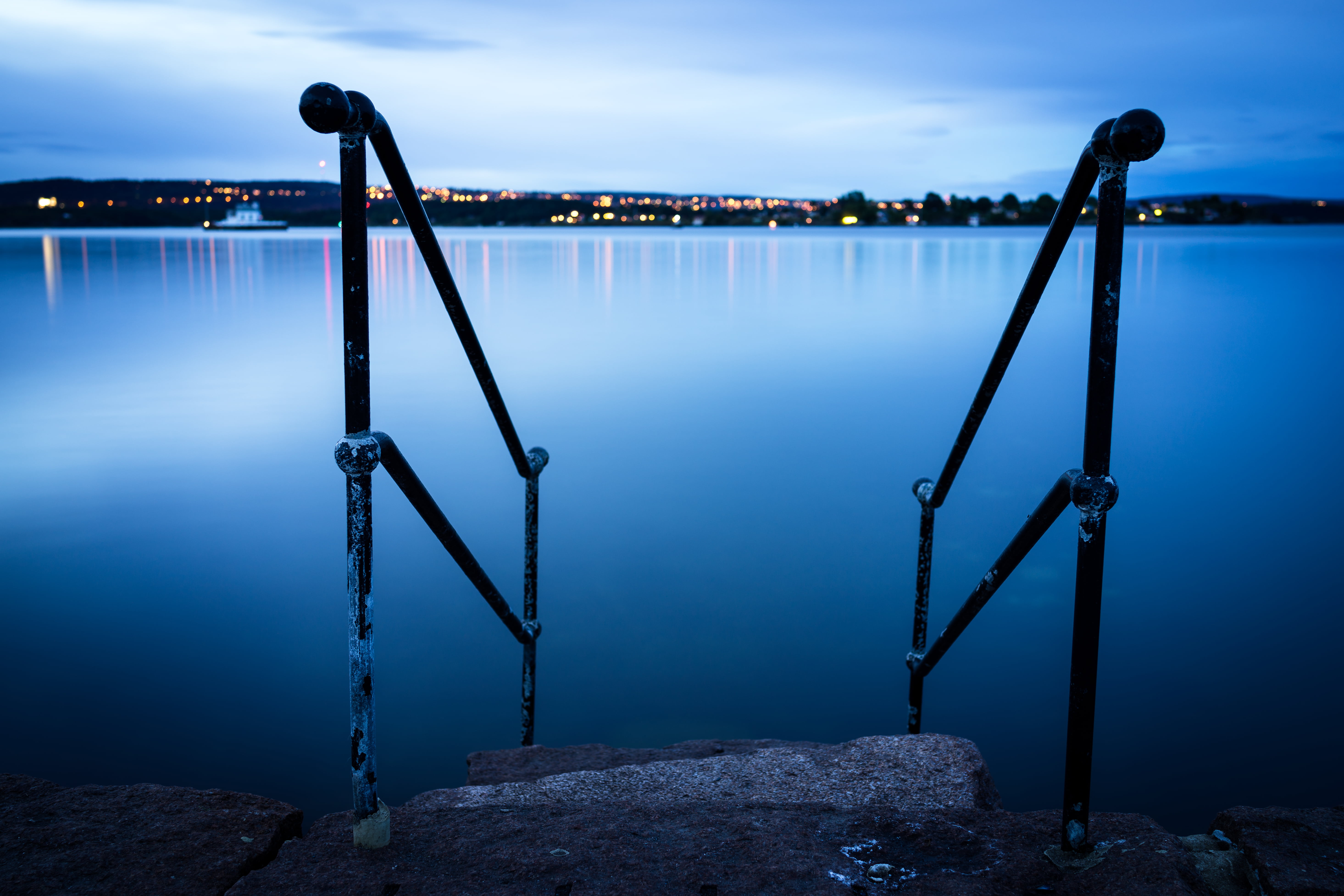 nature, dock, stairs, black steel, 22nd, explore, blue, Oslo, steel, sky, black, water, Sony, blue sky, Huk, 5K, outdoors, HD Wallpaper